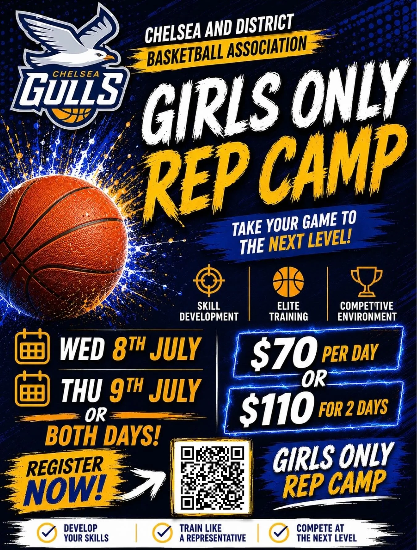🏀💙 CHELSEA GULLS GIRLS ONLY REP CAMP IS HERE! 💙🏀
Ready to take your game to the next level? Join us for two action-packed days of elite coaching, skill development, and representative-level training at the Girls Only Rep Camp!
📍 Location: Bonbea
