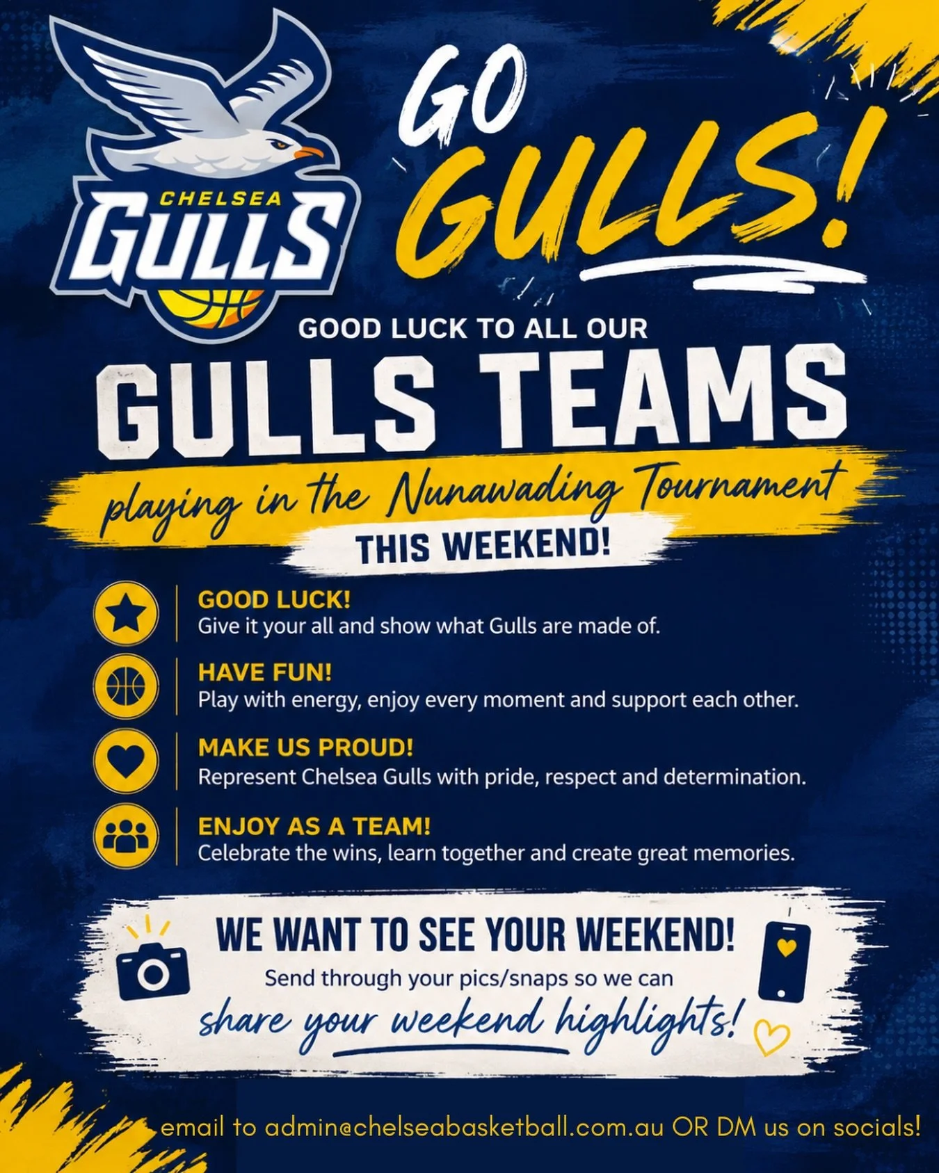 🏀💙💛 GOOD LUCK GULLS! 💛💙🏀

Wishing all of our Chelsea Gulls teams the very best as they head to the Nunawading Tournament this weekend!

Play hard, support each other, compete with pride and most importantly... have fun! This weekend is about ma