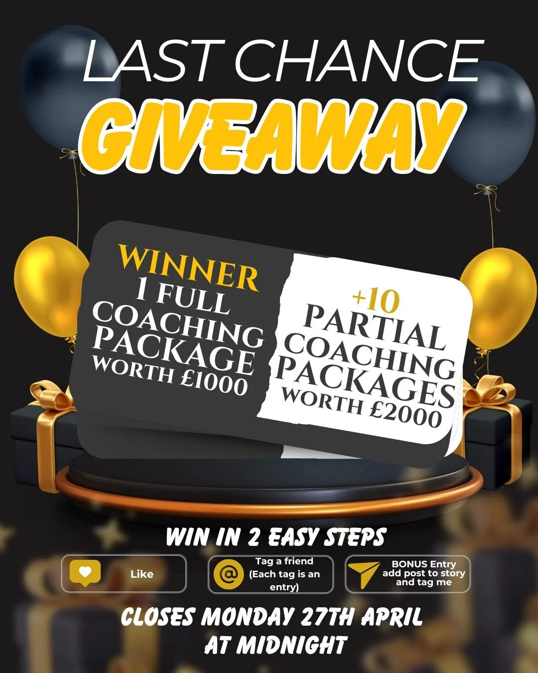 ⏳ LAST CHANCE to enter the &pound;3,000 coaching giveaway

I&rsquo;ve had loads of messages from people entering already which is so amazing to see

A lot of you are feeling:

Stuck
Frustrated
Like you&rsquo;ve been putting yourself last for too long