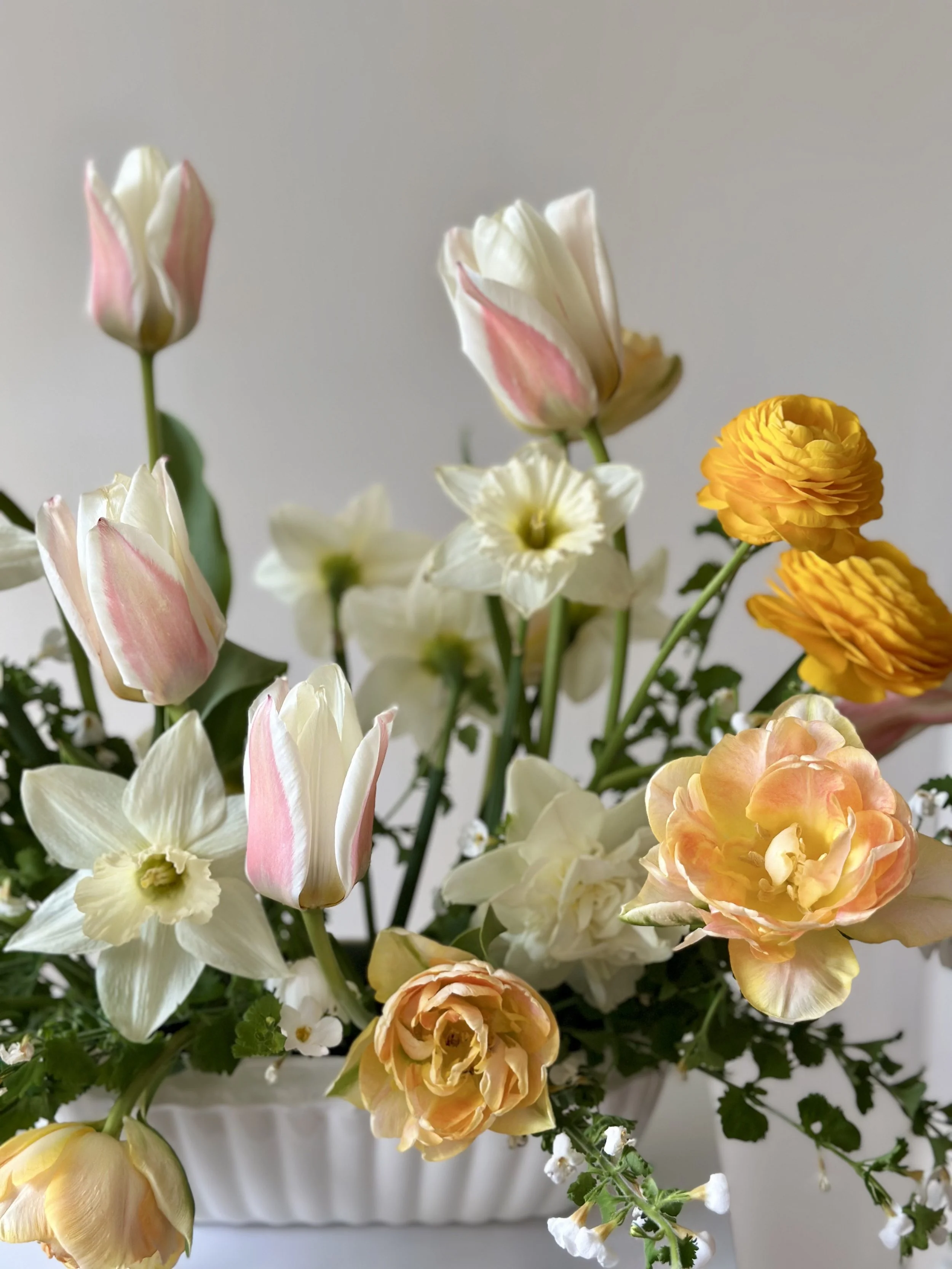 A bouquet of mixed flowers in a white vase, including pink and white tulips, white daffodils, peach and yellow roses, and small white filler flowers.