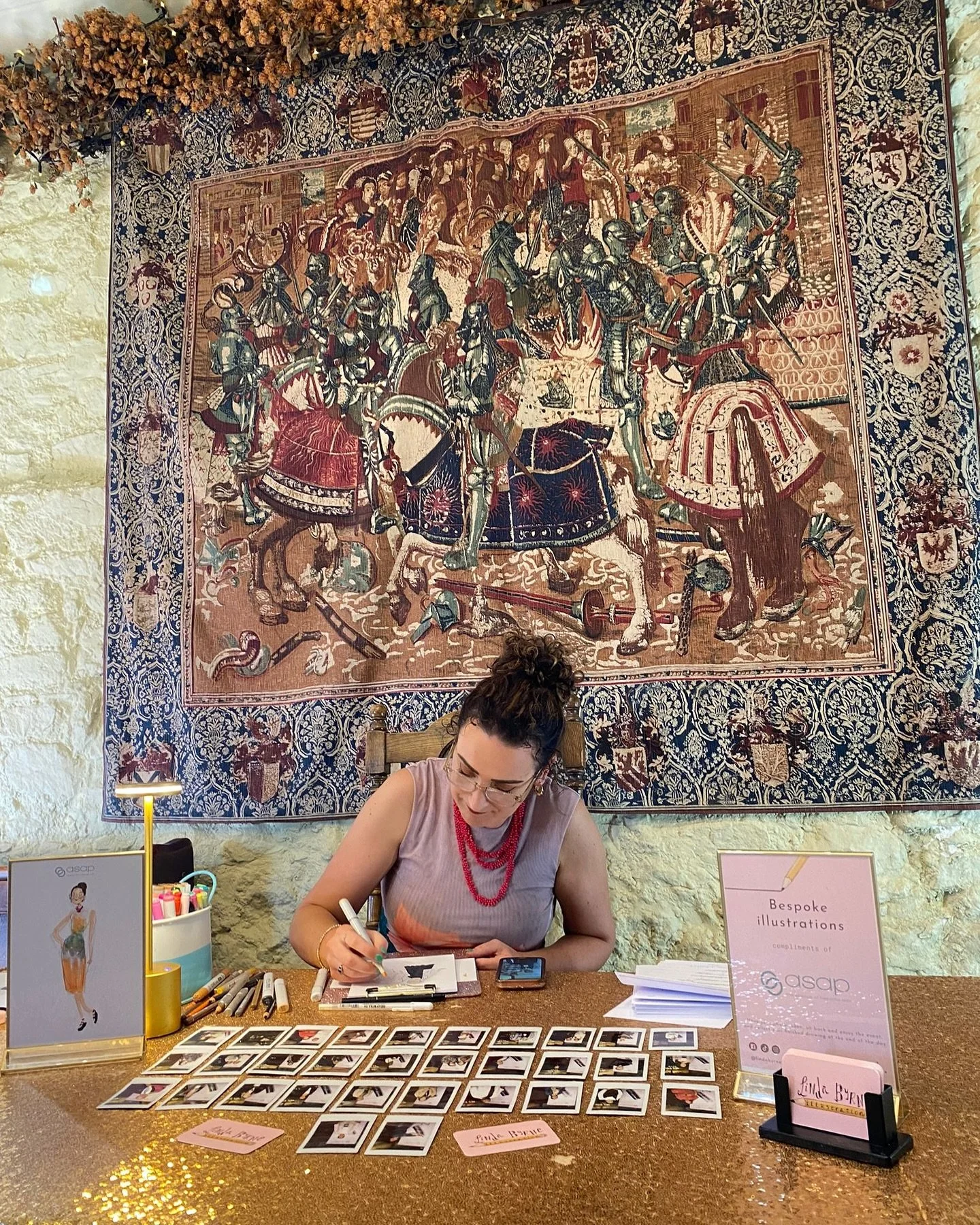 Creating bespoke illustrations at the @asapskin_ireland event in the stunning setting of Barberstown Castle. Honouring the craft of hand- drawn artwork for an unforgettable guest experience and take home. 
In awe of the beautiful tapestries hanging