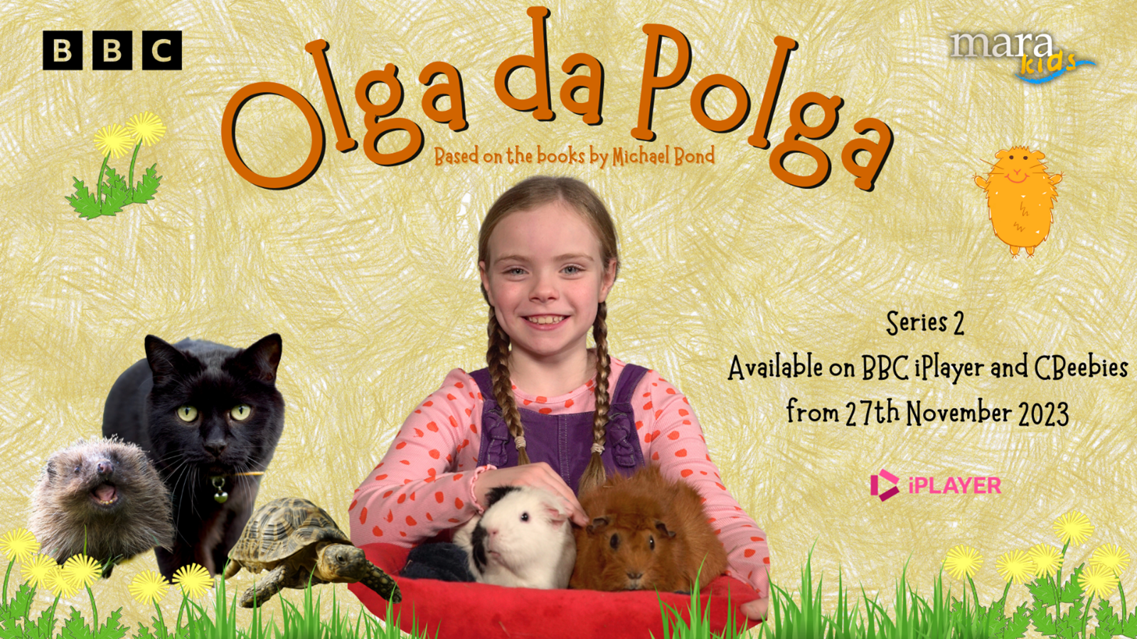 Promotional poster for BBC series "Olgadada Pologa" featuring a young girl with braids smiling and holding three guinea pigs, surrounded by animals including a black cat, a guinea pig, a turtle, and a guinea pig, set against a yellow background with grass, dandelions, and cartoon characters, with text indicating the release date and availability.