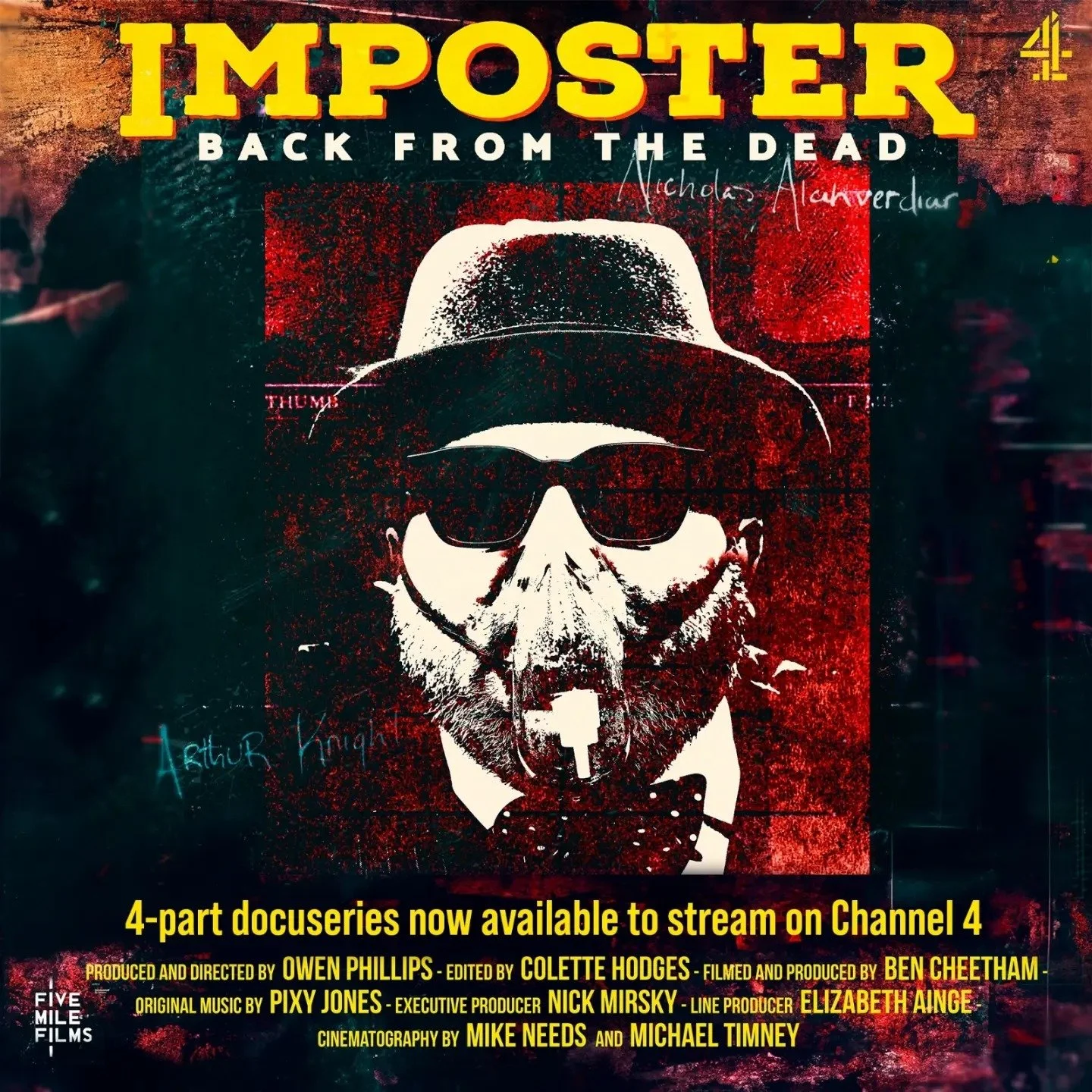 Poster for the documentary "Imposter: Back from the Dead" featuring an illustrated figure of a man wearing a wide-brimmed hat, sunglasses, a face mask, and a bow tie, with text indicating the documentary is available on Channel 4.