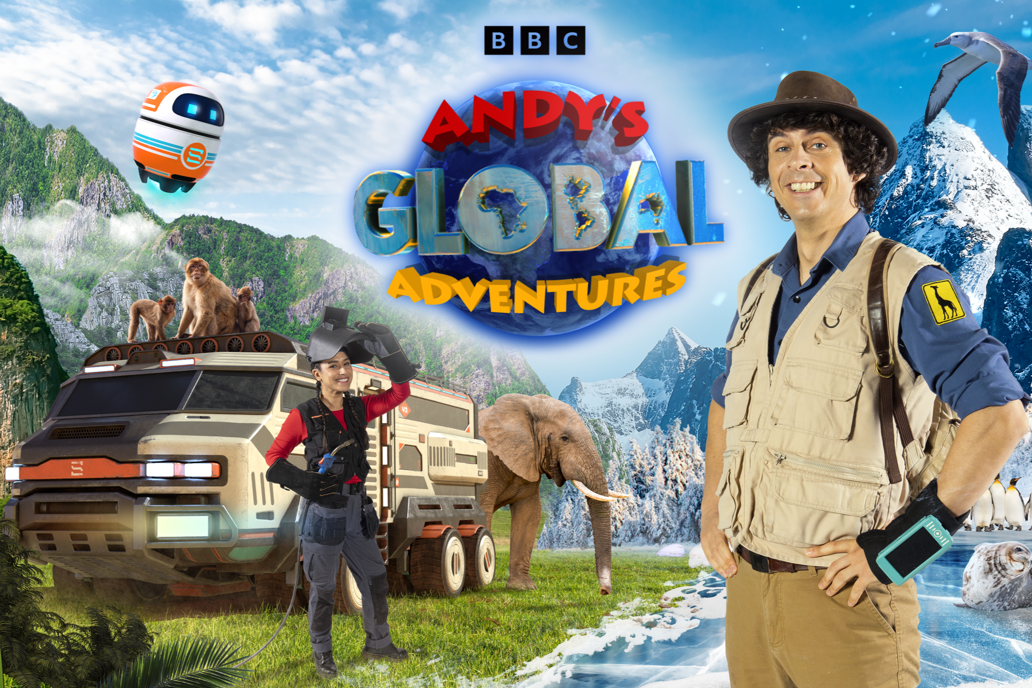 Promotional poster for BBC's 'Andy's Global Adventures' showing a smiling young woman and man in safari gear, a playful robot, a safari vehicle with monkeys on top, elephants, penguins, and a snowy mountain landscape with a lake and seagulls.