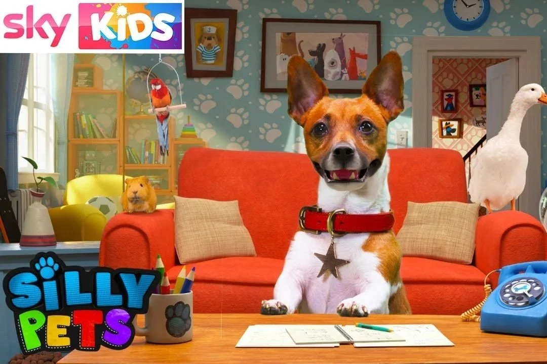 A lively colorful children’s TV show scene from 'Silly Pets' on Sky Kids featuring a small dog with large ears sitting on a red sofa, a white goose standing beside it, and a guinea pig on the arm of the sofa, with a background of playful animal-themed decor and artwork.