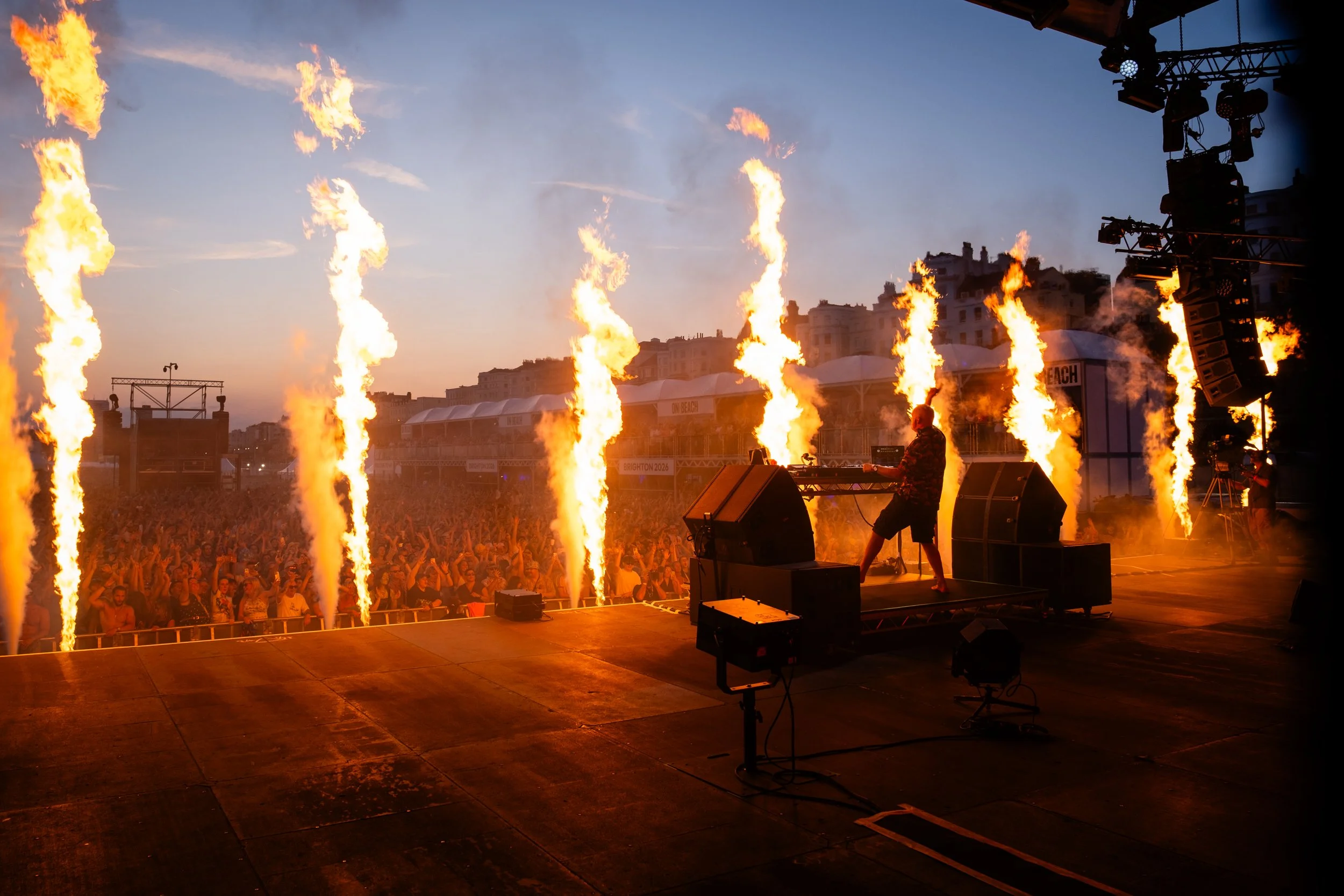 Fatboy Slim performing at Brighton Beach, July 2026. Photographed by Live Music photographer Mark Cameron