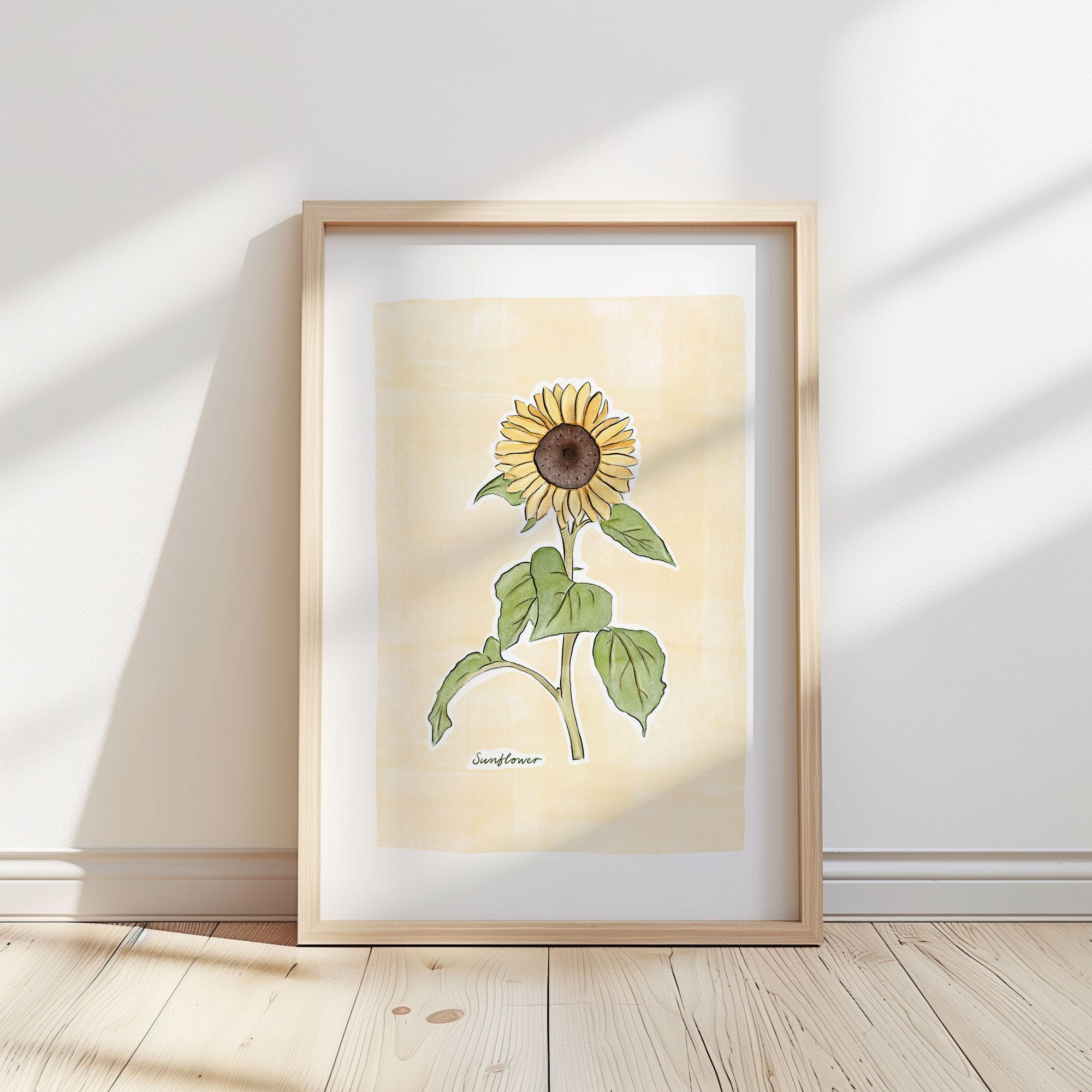 Sunflower Flower Illustration with Background - Print / Poster - Botanical Art, Spring/Summer Home Decor, Flower Print, Wall Art Unframed.