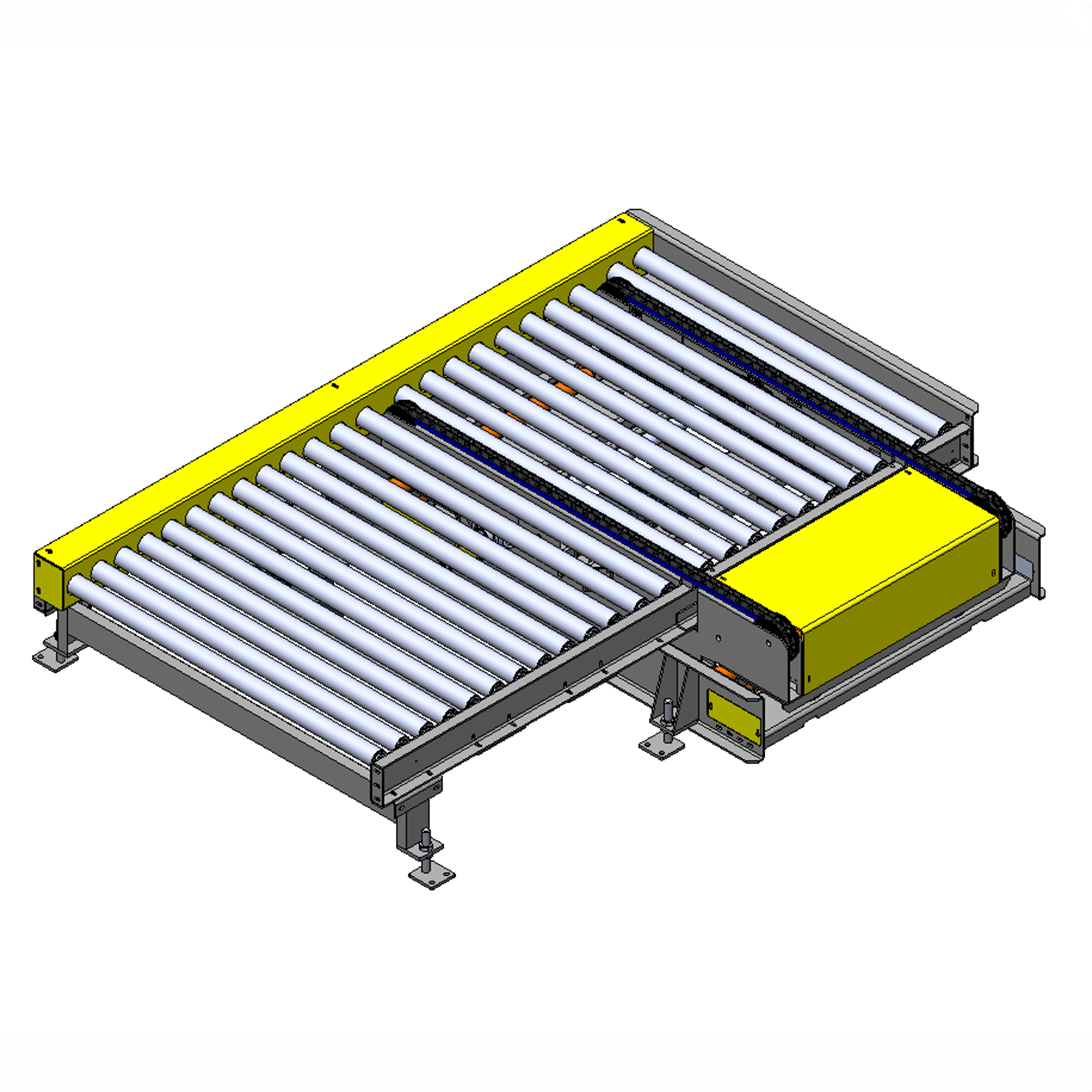 chain transfer, transfers full pallet loads, roller conveyor