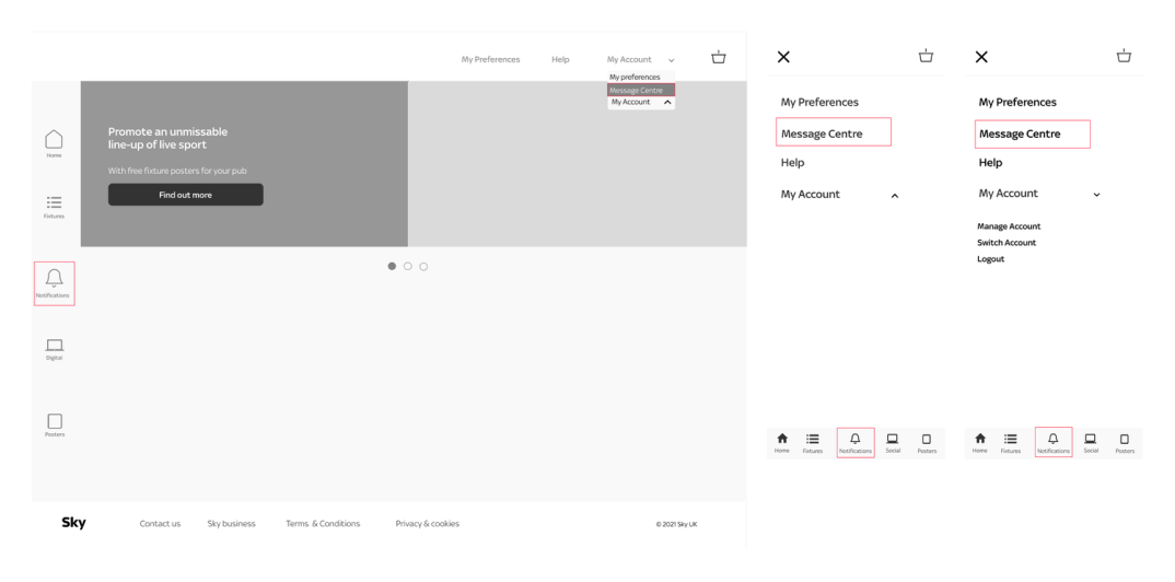 Initial plan: Message Centre added to My Account dropdown. Downsides: Buried feature, no notifications on message receipt.