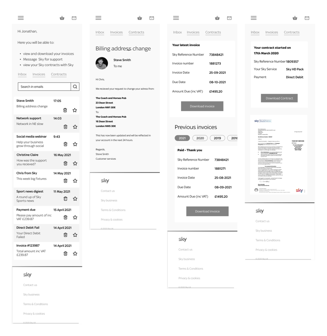 In mid-fi I looked at the idea of an inbox and cards where the user could see a summary of the invoice as well as download it