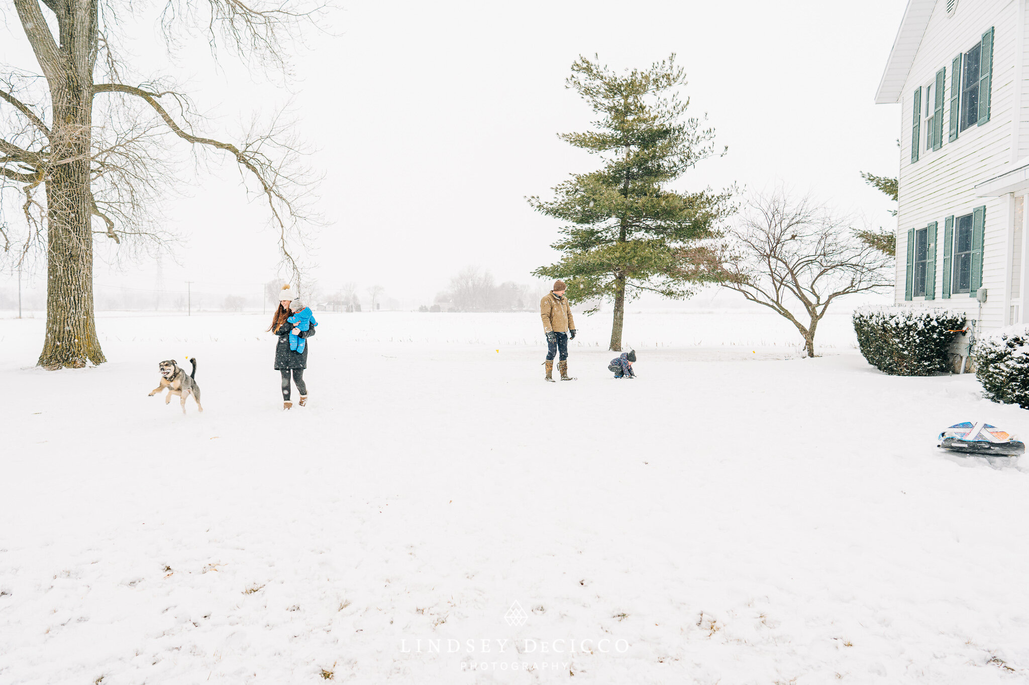 Wide scene of parents, toddler, and the family dog playing in fresh snow beside a white farmhouse—winter milestone segment for a Grow With Me family film near South Bend, Indiana.