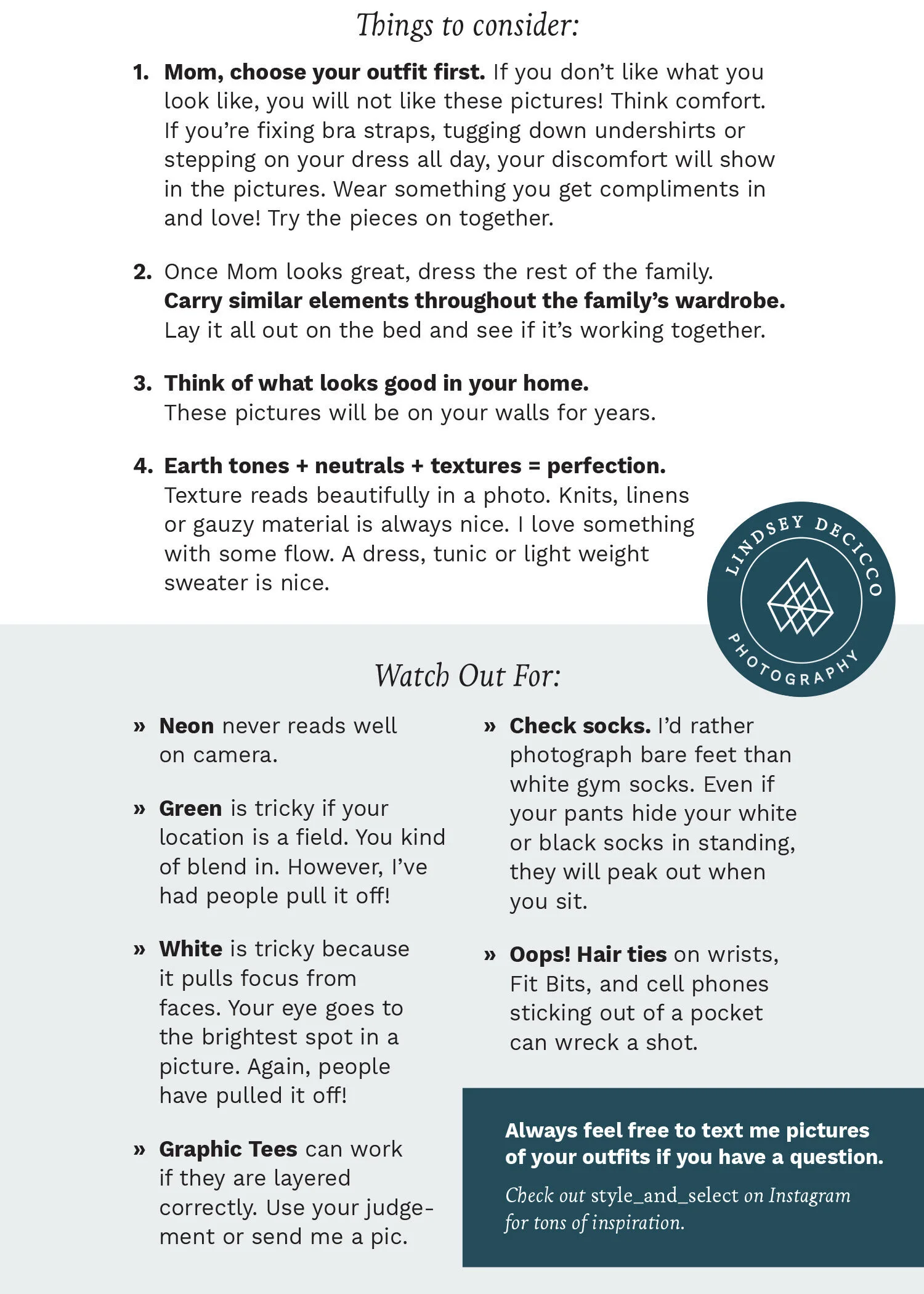 A page of wardrobe advice for family photo sessions, featuring written tips and styling reminders.  Lindsey DeCicco Photography Style Guide