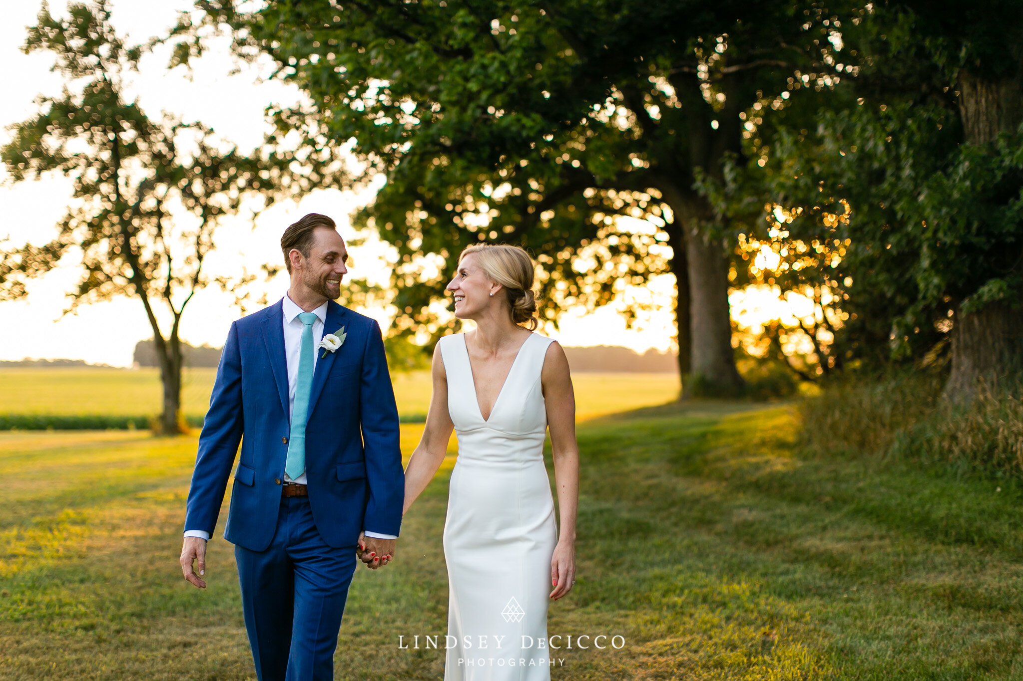 A beautiful moment of a newlywed couple walking hand-in-hand through a peaceful field, smiling at each other as they begin their life together at sunset.
