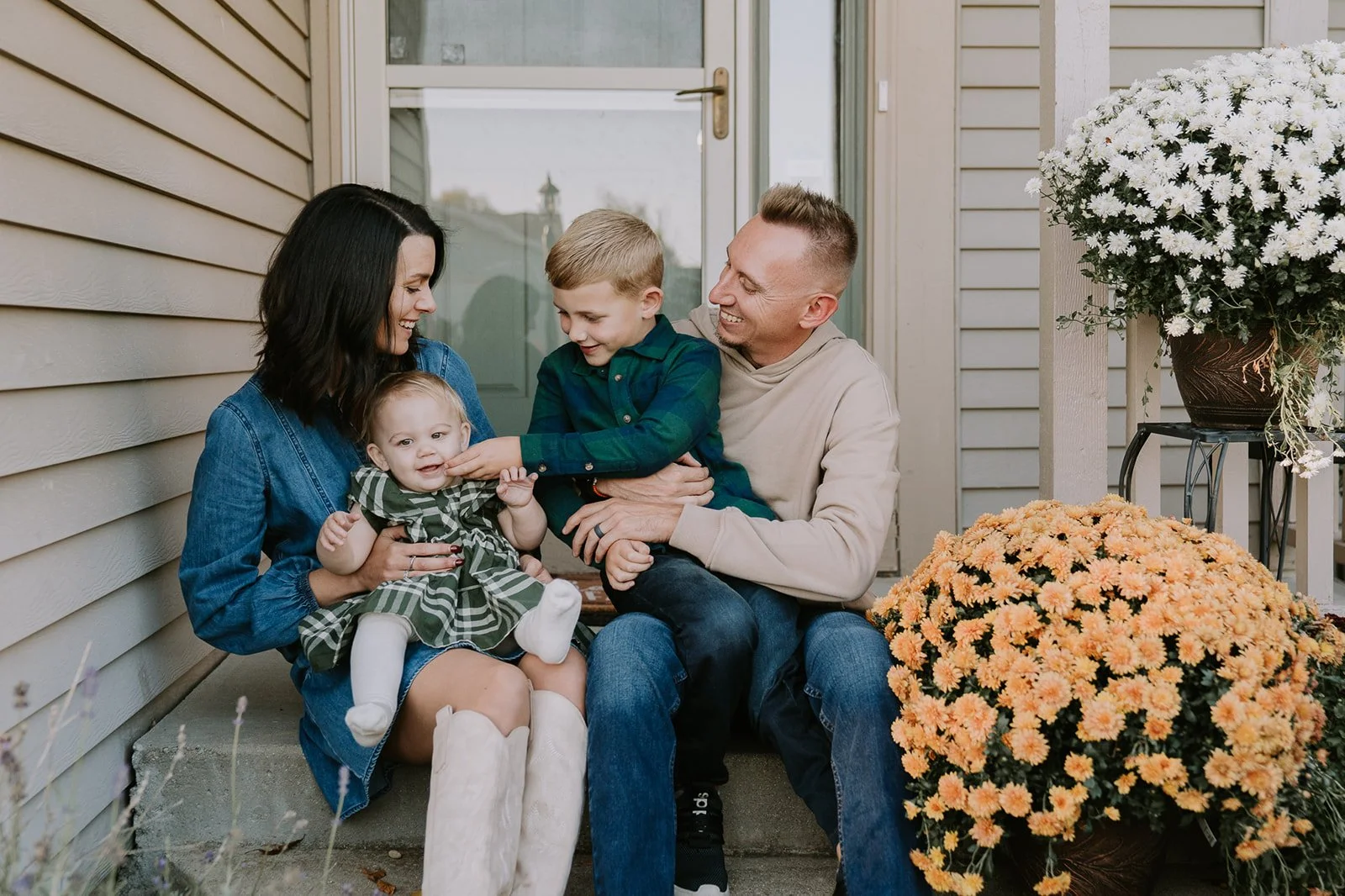 Joyful Family Laugh on Front Steps | Front Porch Minis