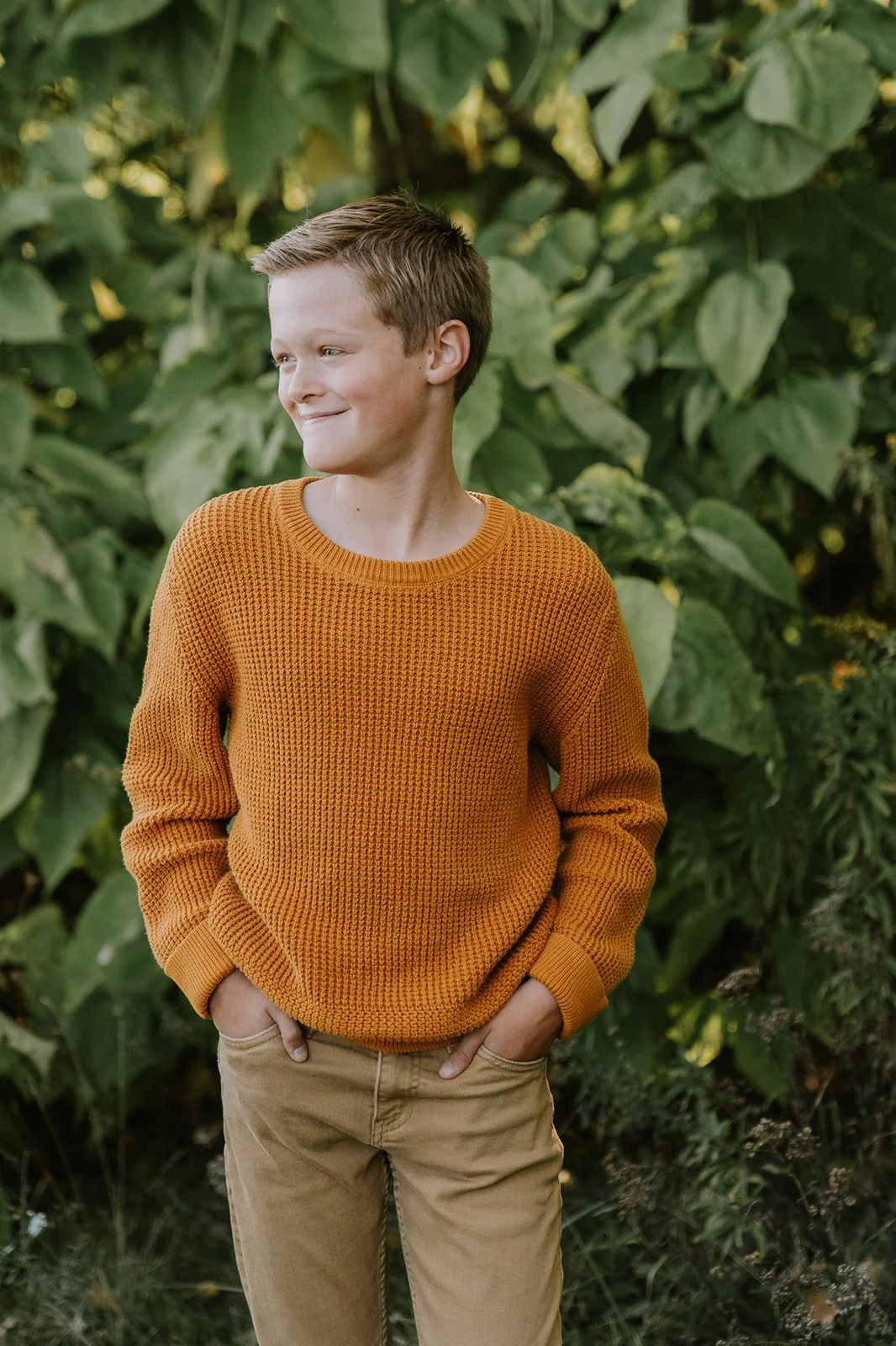 Fall Portrait of Boy in Orange Sweater | Meadows Edge Minis