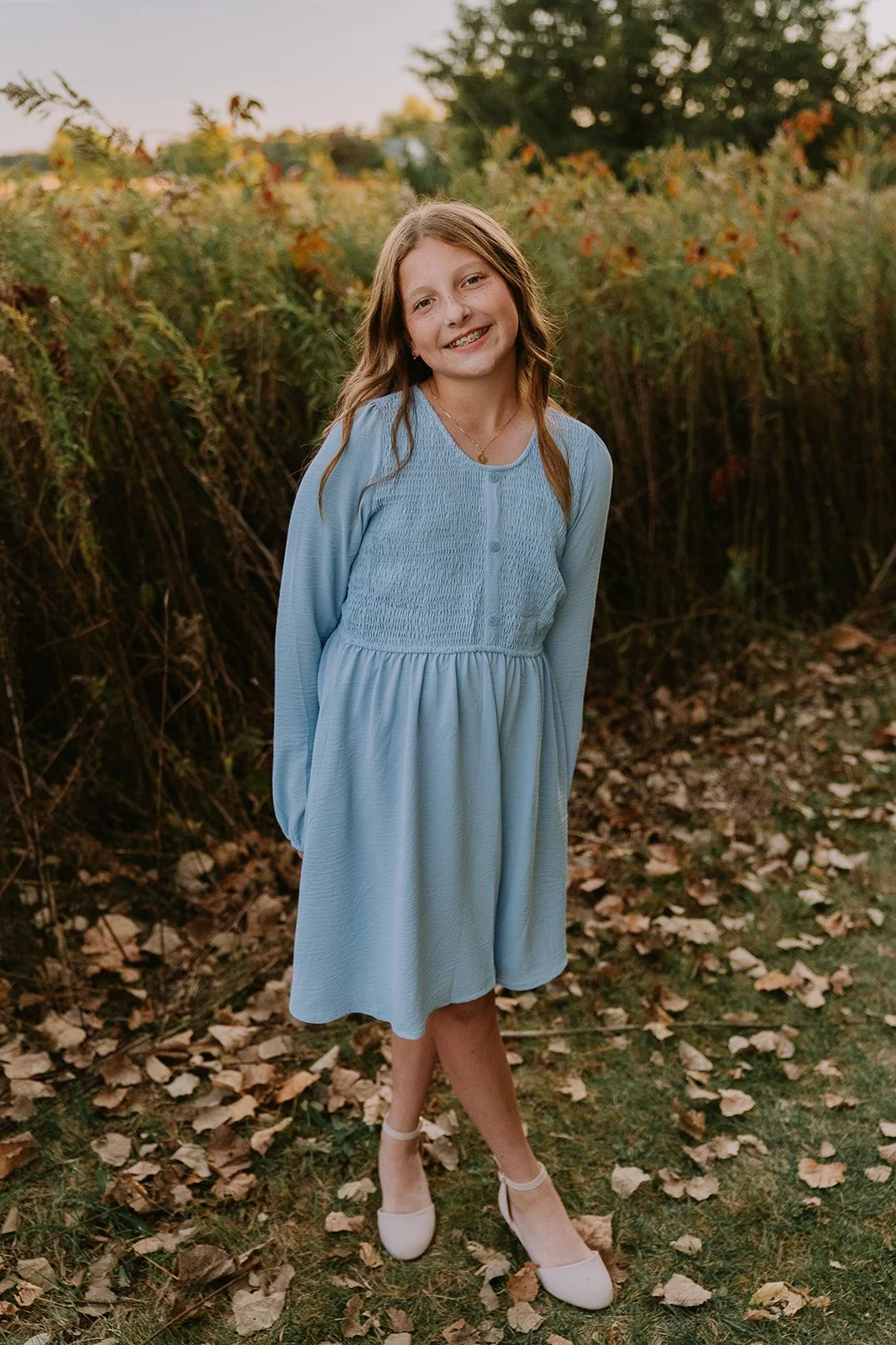 Tween Girl in Blue Dress at Meadows Edge | Fall Mini Session