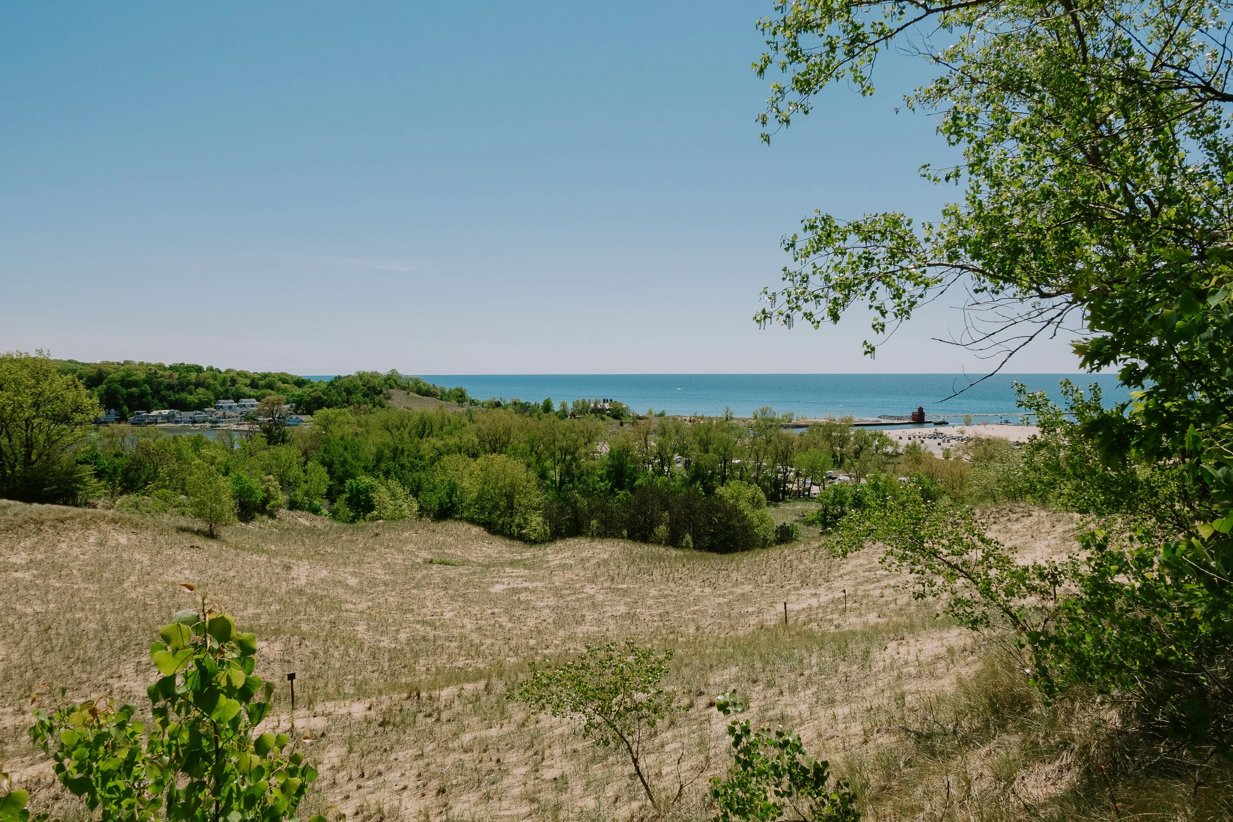 Holland, Michigan's Big Red Lighthouse and Lake Michigan from high on the dune.