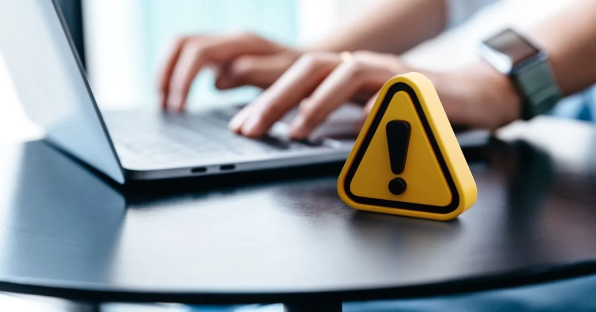 Person typing on laptop with cybersecurity warning icon, illustrating online financial data protection