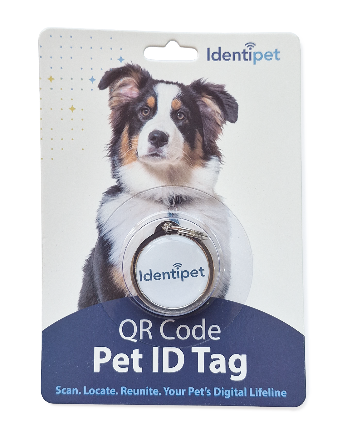 A pet ID tag with a QR code, attached to a dog collar and displayed in packaging with a picture of an Australian Shepherd puppy. The packaging is labeled 'Identipet QR Code Pet ID Tag' and includes the slogan 'Scan. Locate. Reunite. Your Pet's Digital Lifeline.'