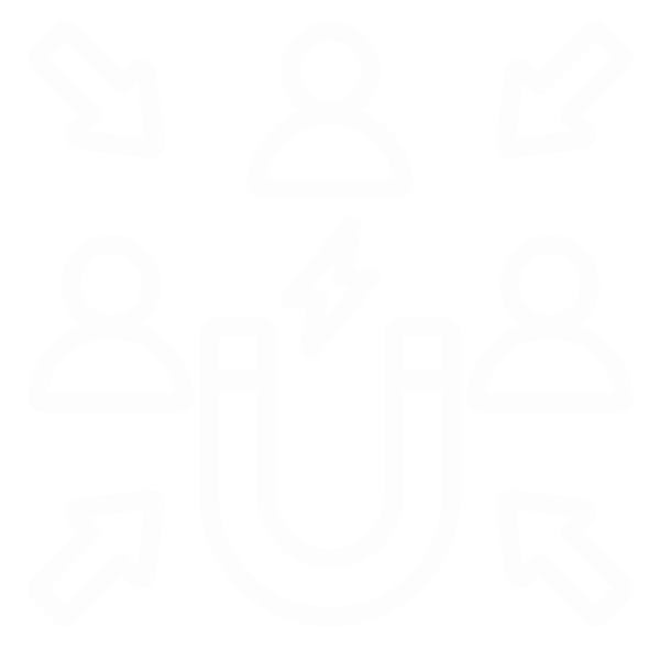 Icon of a magnet attracting four people with arrows pointing outward, representing attracting people or customers.