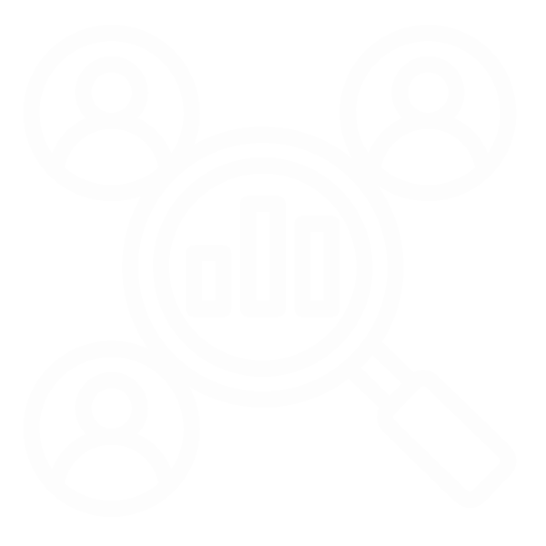 Icon of a magnifying glass with a bar graph inside, connected to three user profile icons.