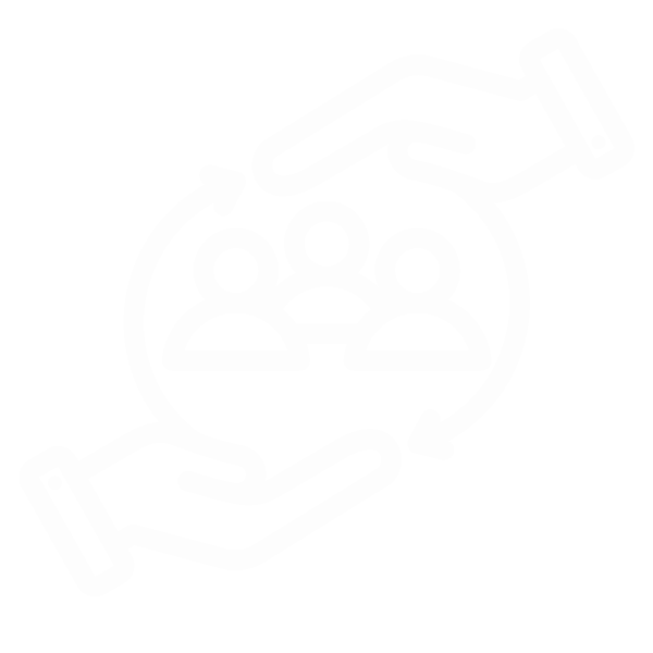 Outline icon of hands holding a fishbowl with three people inside, symbolizing community or support.