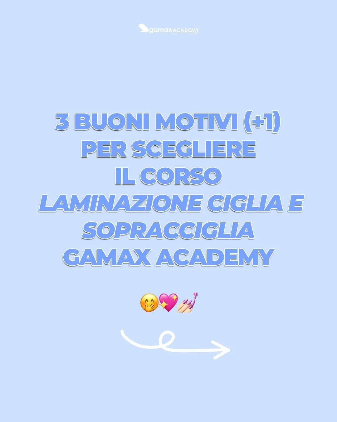 3οΈβ£+1οΈβ£ buoni motivi per scegliere il corso LAMINAZIONE CIGLIA E SOPRACCIGLIA Gamax Academy β€οΈ
Scopri le date nella sede più vicina a te:
π @gamax_academy_bari 
π @gamaxacademyfoggia 
π @gamax_academy_frattamaggiore 
π @gamaxacademyfuori