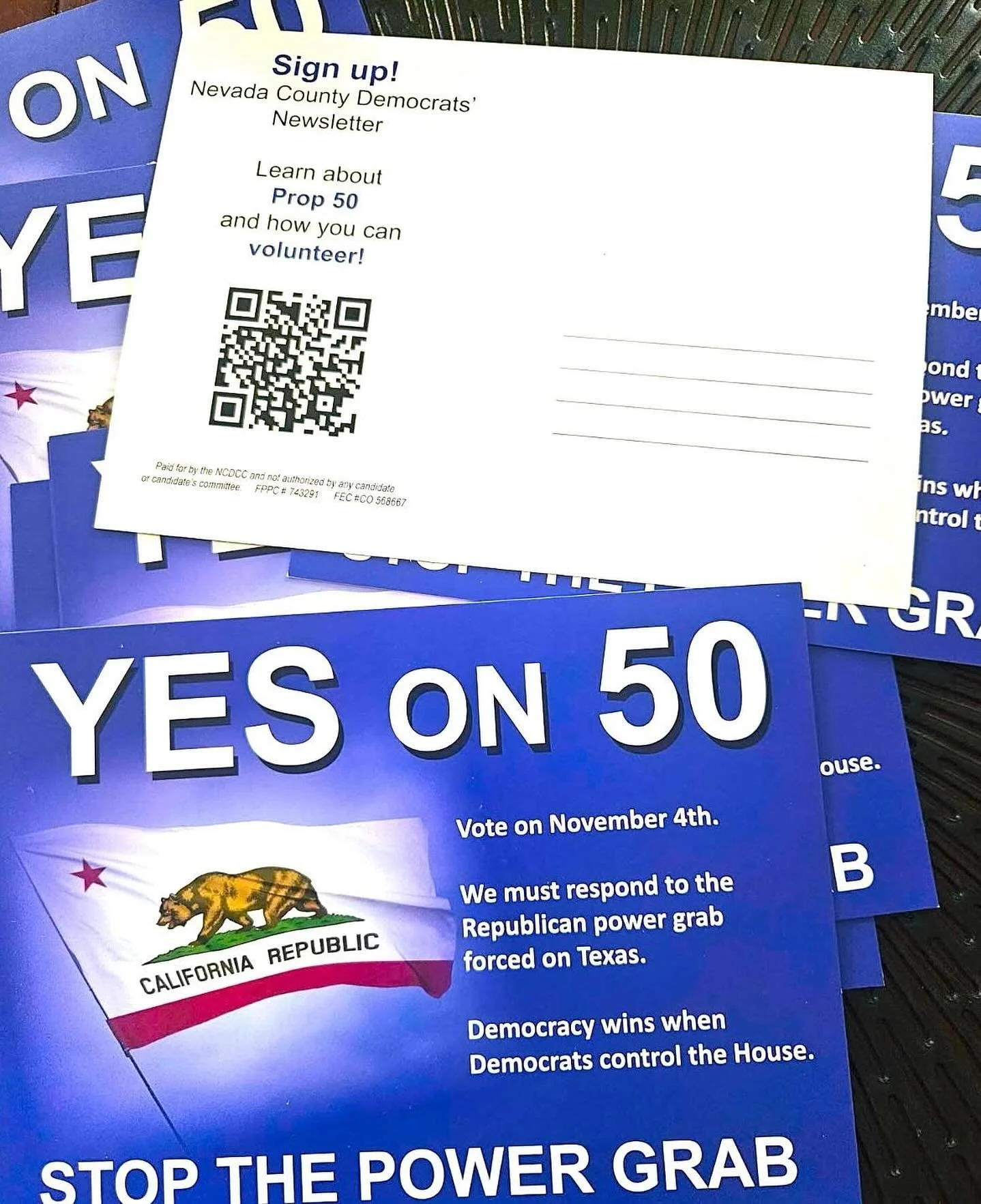 YES on Prop 50!
Pick up postcards today!

Vote YES on Prop 50 to STOP the power grab!
Texas legislators added five Republican seats without allowing Texans to participate in the vote.
Republicans did this to manipulate their control of Congress unfai