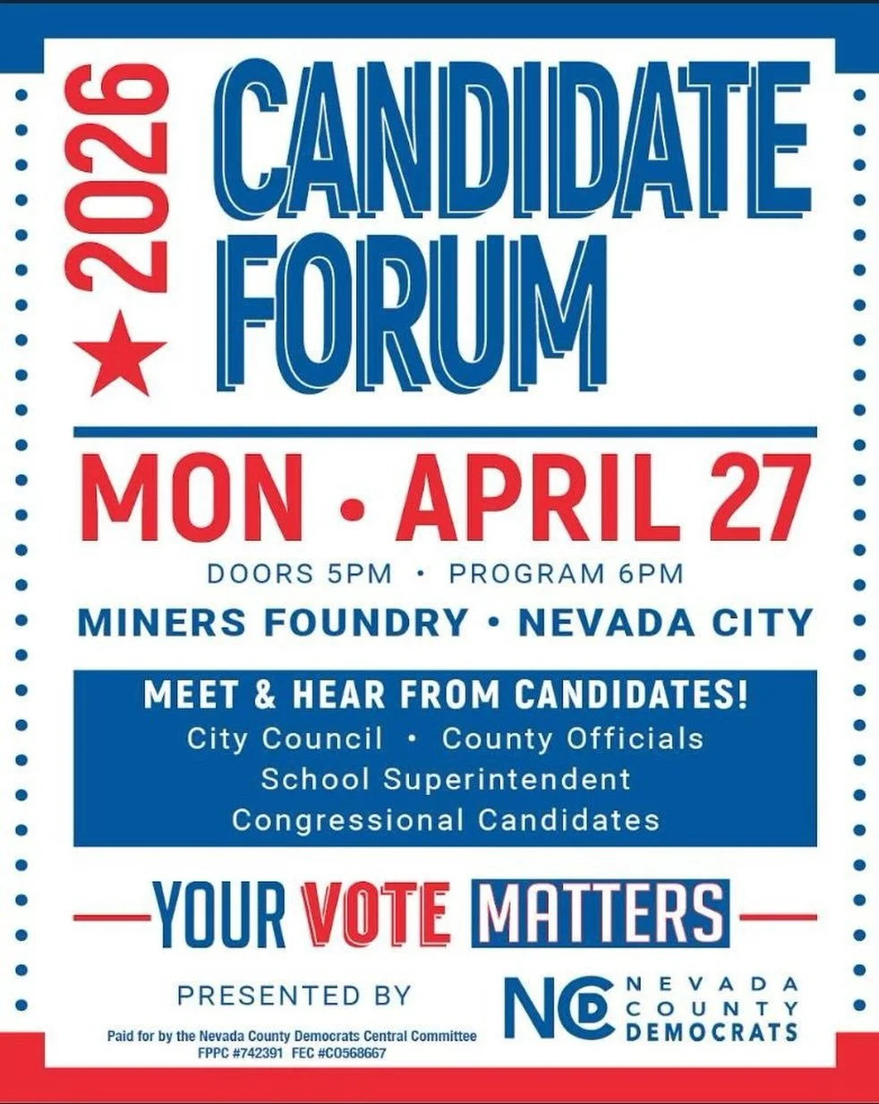 Candidates running for seats that impact our community will be on stage!
Come hear them speak and ask them your questions!

You can also visit tables hosted by:
The Nevada County Democrats
The Democratic Women of Nevada County
Indivisible of Nevada C