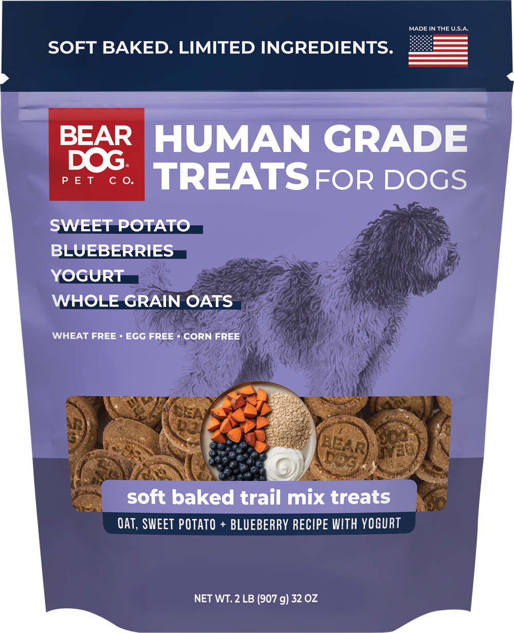 Bear Dog Pet Co. Oat, Sweet Potato + Blueberry Recipe with Yogurt soft baked trail mix treats bag