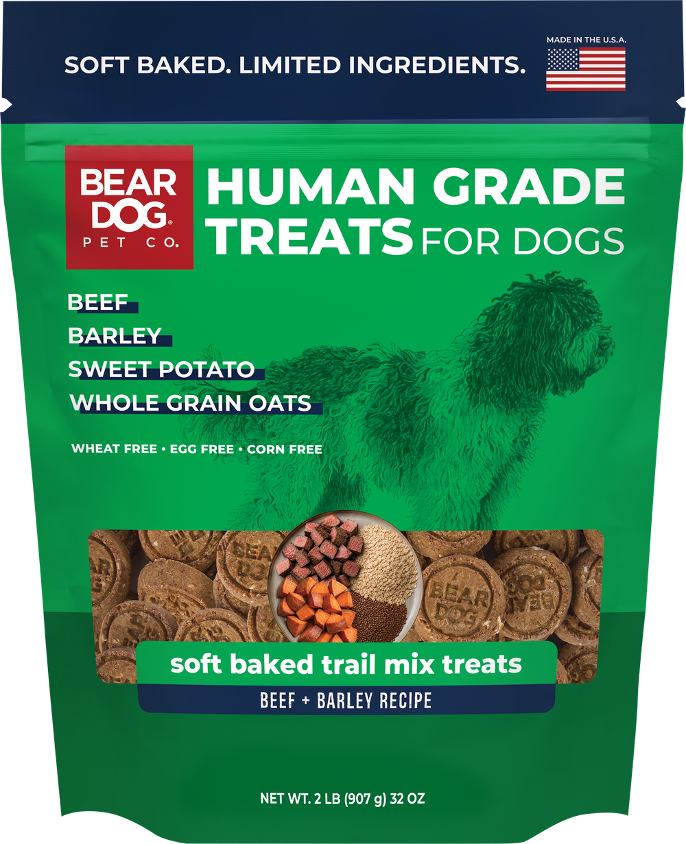 Bear Dog Pet Co. Beef + Barley Recipe soft baked trail mix treats bag