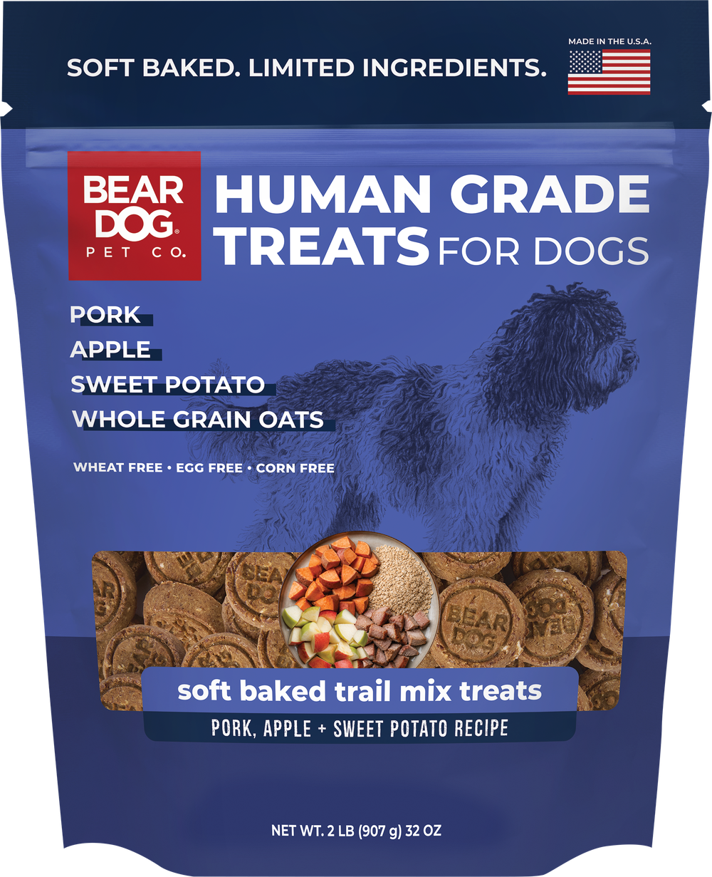 Bear Dog Pet Co. Pork, Apple + Sweet Potato Recipe soft baked trail mix treats bag