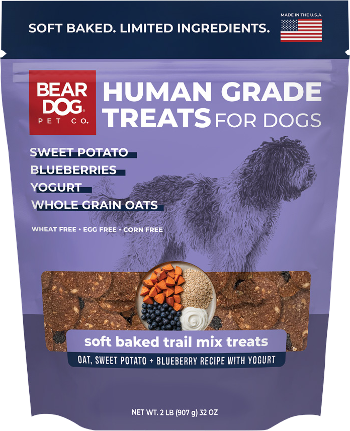 Bear Dog Pet Co. Oat, Sweet Potato + Blueberry Recipe with Yogurt soft baked trail mix treats bag