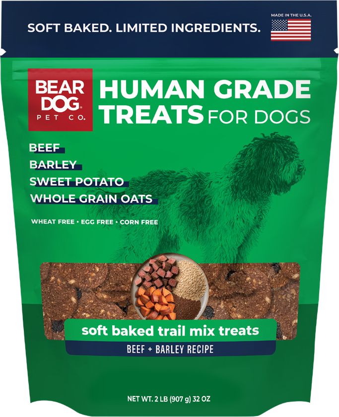 Bear Dog Pet Co. Beef + Barley Recipe soft baked trail mix treats bag