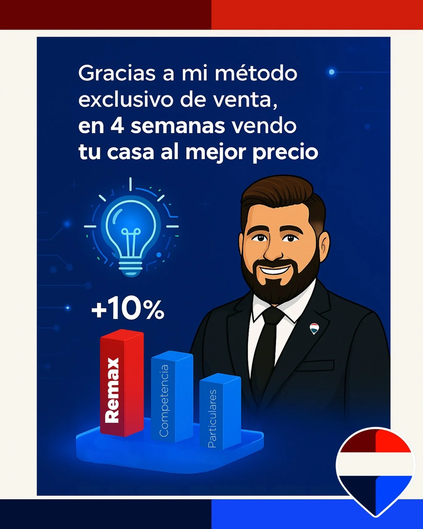 Vende tu casa hasta un 10% m&aacute;s cara en solo 4 semanas ⚡️🔴⚪️🔵

Si est&aacute;s pensando en vender tu casa, esto te interesa:

Gracias a mi m&eacute;todo exclusivo de venta, consigo que mis clientes vendan sus propiedades hasta un 10% m&aacute