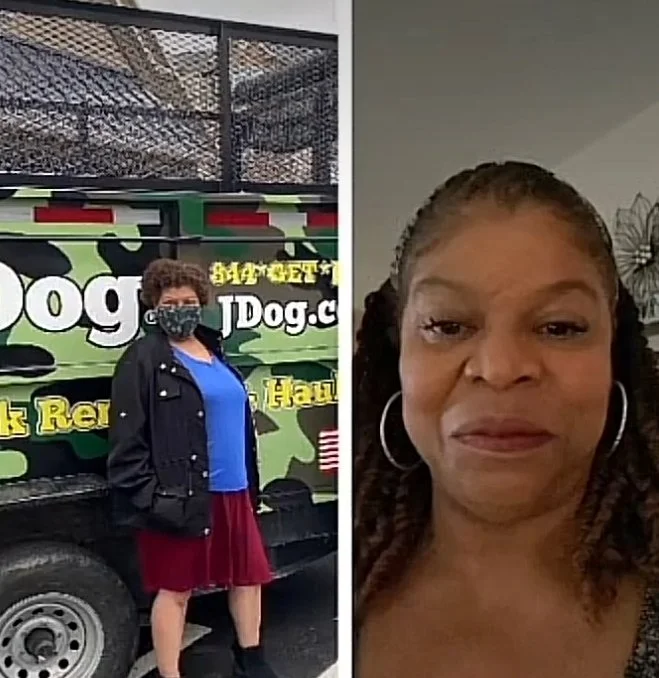 A collage of two photos: on the left, a woman in a black jacket, blue shirt, red skirt, and face mask standing outside a green and black dog food truck with graffiti-style text; on the right, a close-up of an African American woman with braids, wearing large hoop earrings, smiling slightly indoors.
