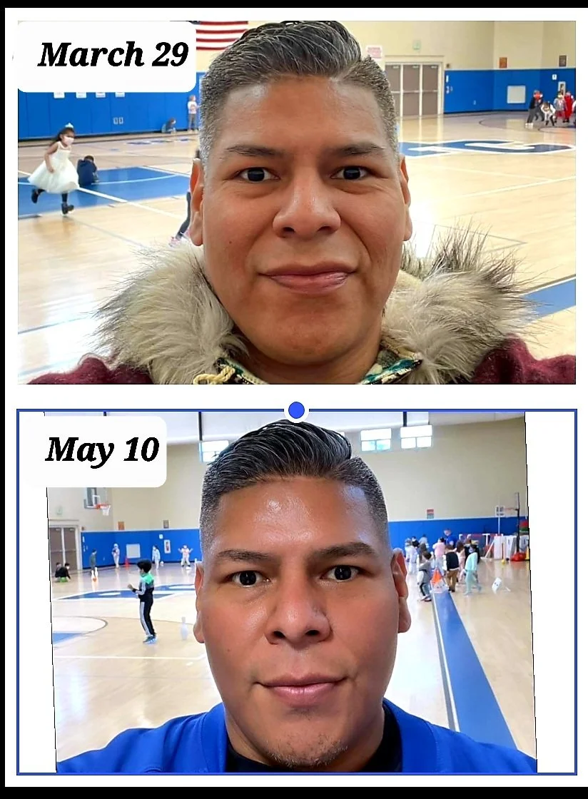 Comparison of two indoor gymnasium selfies taken on March 29 and May 10, featuring a man with short, dark hair, in different clothing, with children in the background.