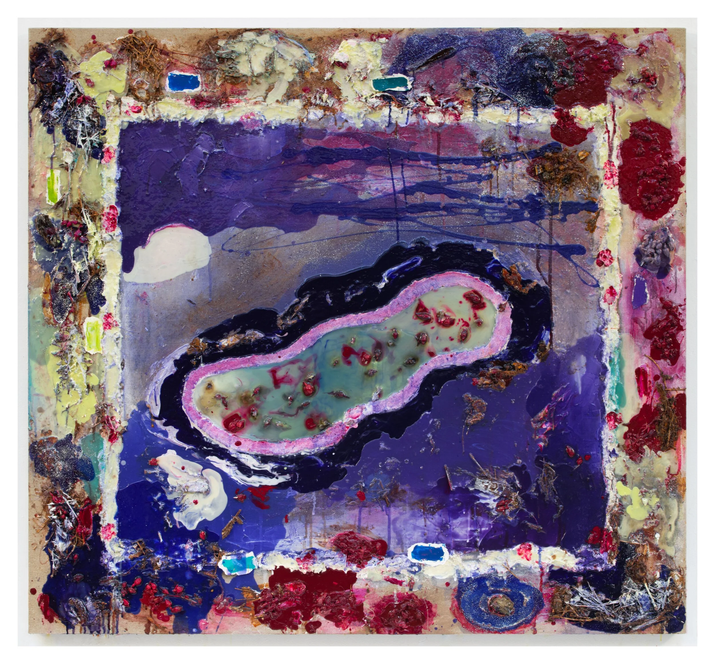 Joan Snyder 
 Winter 2019 (For Maddy) , 2019 
oil, acrylic, paper mache, paper, straw, rosenuds, glitter, rocks on linen 
48 x 52 in | 121.1 x 132 cm