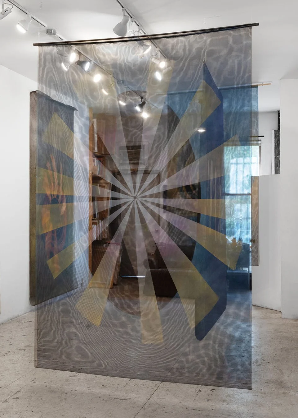 Lisa Sigal  Everyday Celestial , 2025
 paint on screen and canvas
 
115 × 72 in | 302.3 x 182.9 cm