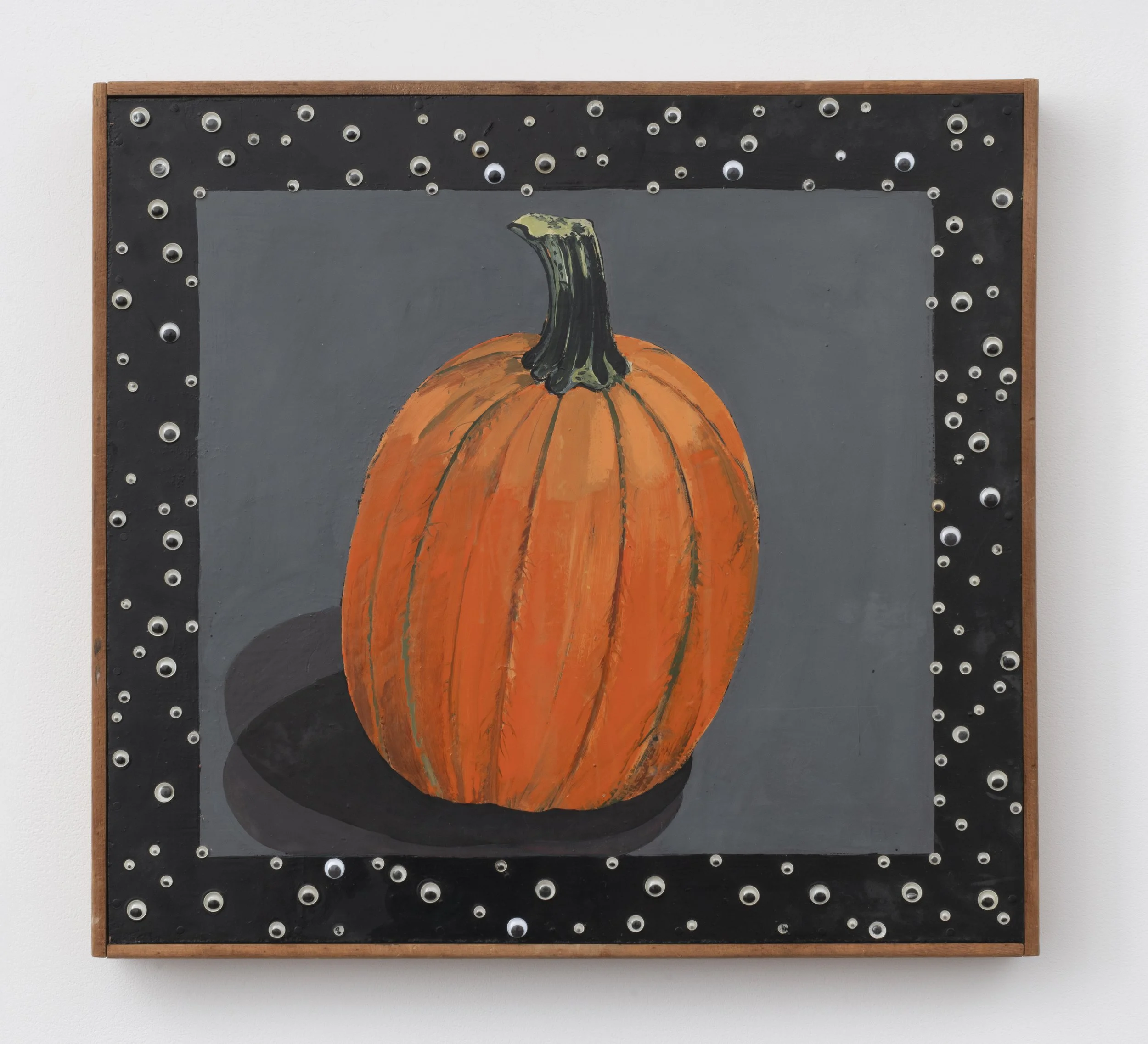 Joan Brown  Halloween Pumpkin , 1970
 
oil and googly eyes on Masonite
 
framed: 20¾ x 22¼ in | 52.7 x 56.5 cm
