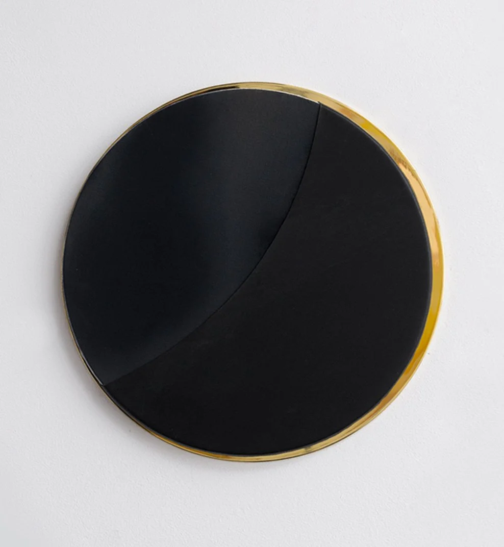 Mara De Luca  Moonlight Tondo , 2016
 mixed media on canvas with brass plated element
 
16 ½ in dia | 41.9 cm
