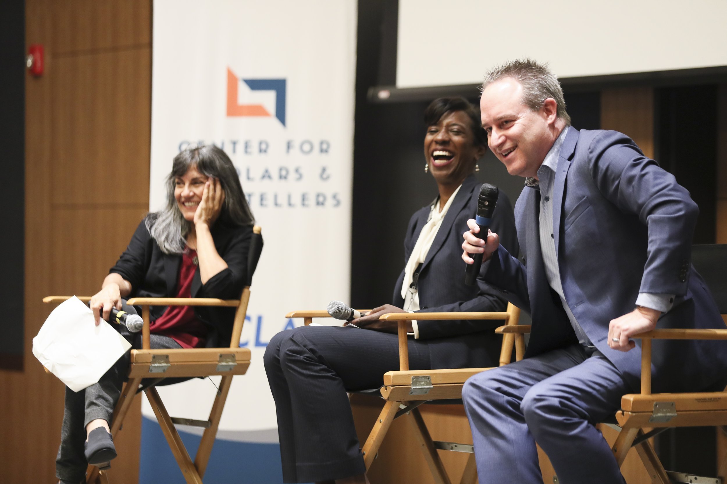  Dr. Yalda T. Uhls speaks with UCLA Dean of Life Sciences, Dr. Tracy Johnson, and UCLA interim Dean of Theater, Film, and Television, Brian Kite 