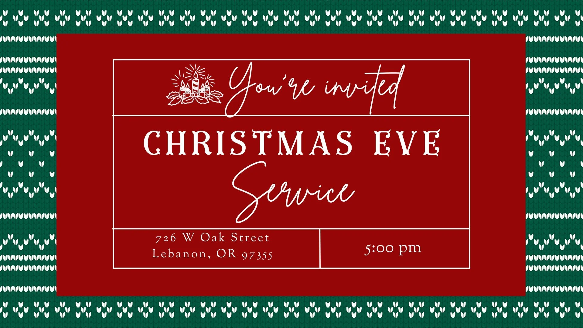 You're invited to join us for our Community Christmas Eve Service on Wednesday, December 24th, at 5:00 pm.
