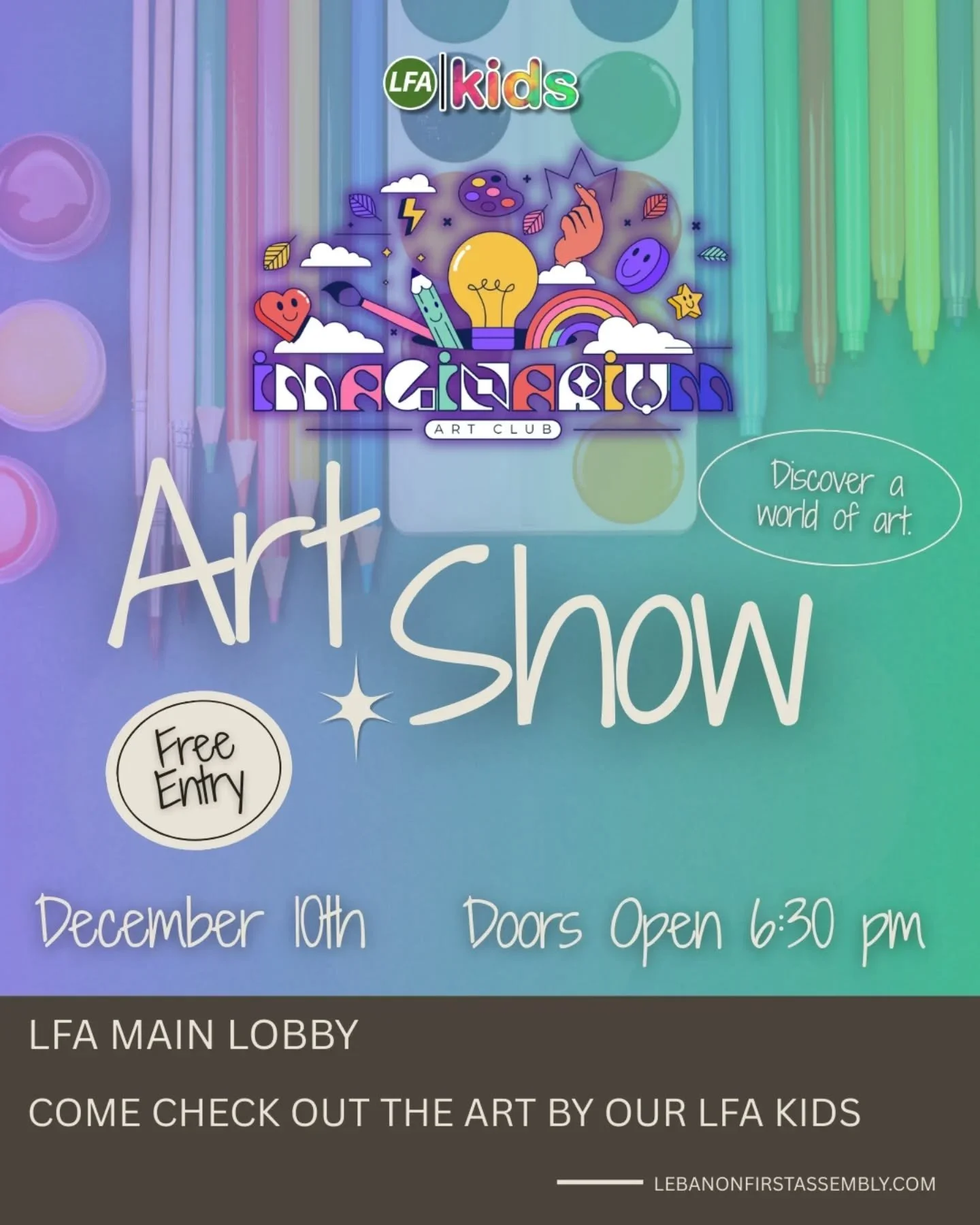 Join us next Wednesday, December 10th for an LFA Kids Art Show. The last few weeks our LFA Kids have been learning Bible stories through art pieces they made during their Imaginarium Series. We are transforming our lobby into a gallery to showcase th