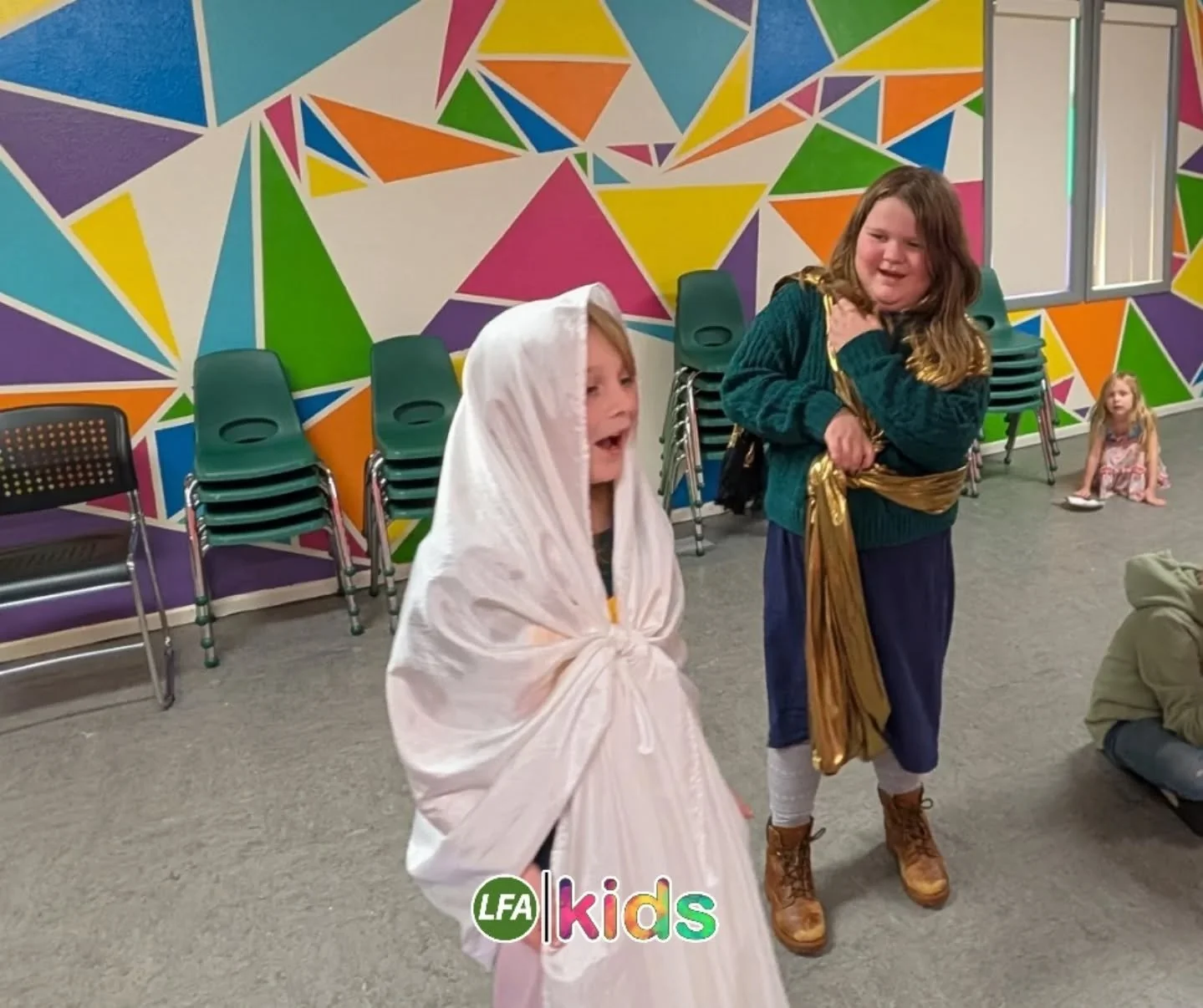 Some improv acting during Kids Church. Each kid in attendance helped tell the Story of the Nativity.