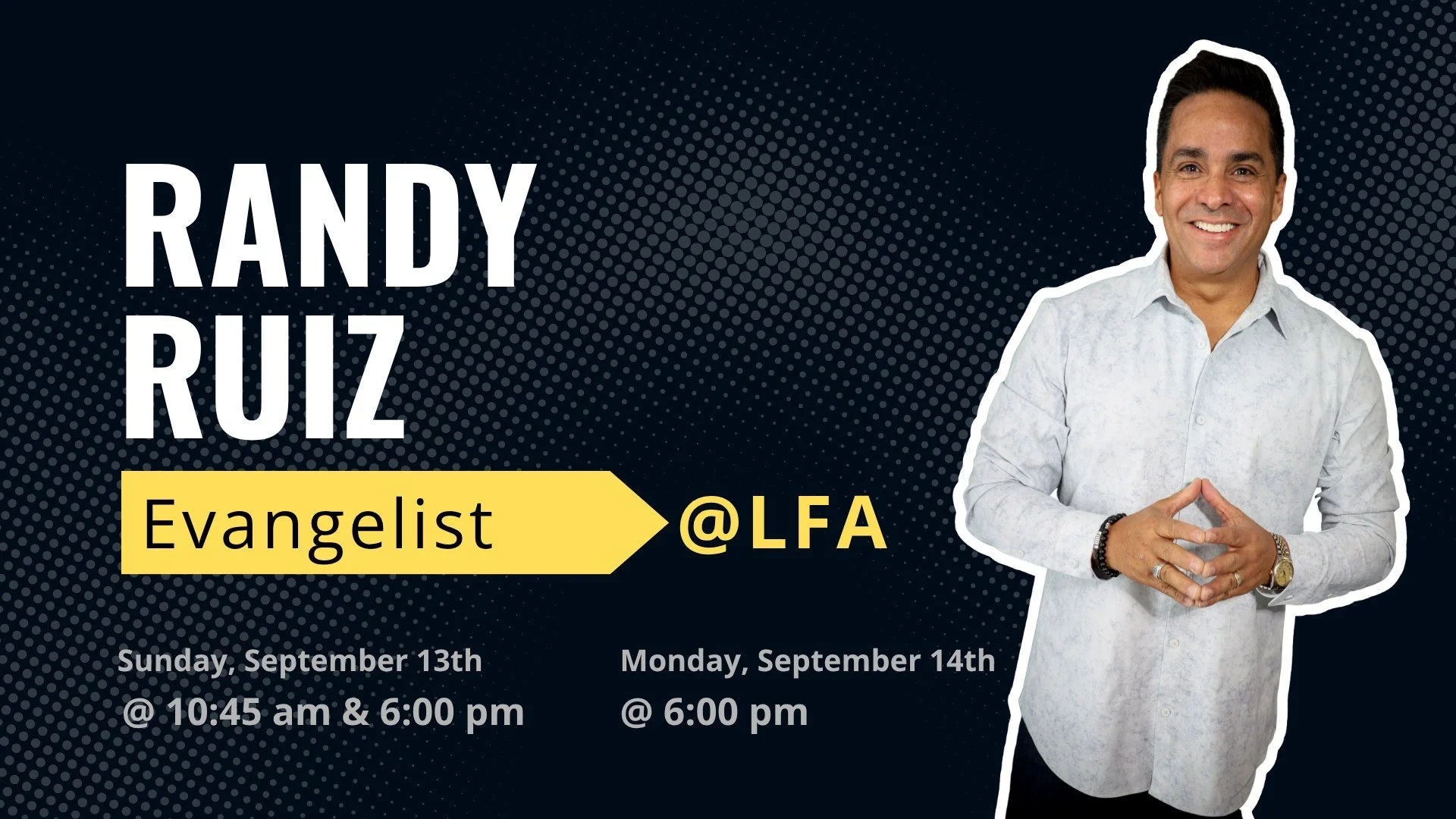 Tomorrow morning, we have a special guest: Evangelist Randy Ruiz will join us for our Sunday Service beginning at 10:45 am and for a special Evening Service at 6:00 pm. See you there! And it's also not too late to invite a friend.