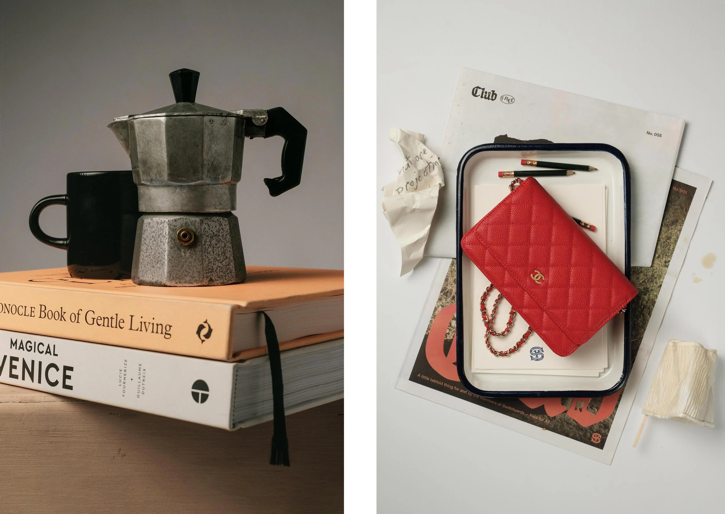 Left side shows a moka pot coffee maker placed on top of three stacked books, with the top book titled "Conocle Book of Gentle Living." Right side displays a red CHANEL purse with a chain strap, placed among photographs, papers, and two pencils on a 