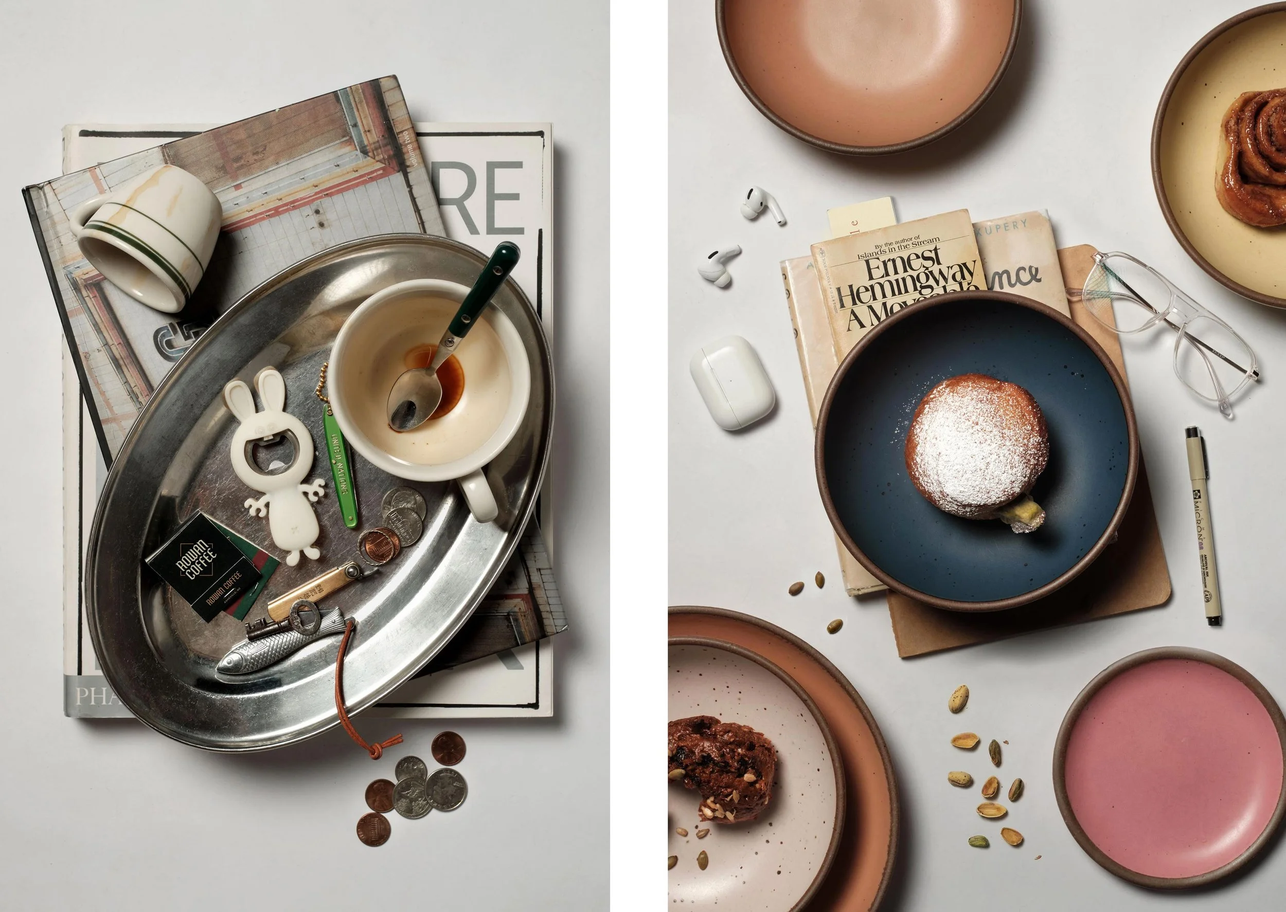 A split-screen image showing two different scenes. The left side depicts a messy tabletop with a coffee cup, spilled coffee, handful of coins, a small rabbit-shaped object, and a magazine with books on top. The right side displays a collection of col