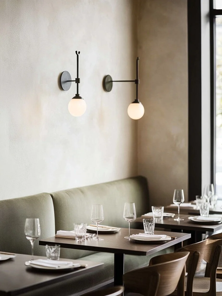 Warm restaurant interior with green banquette seating and globe sconces, boutique hospitality design by Rebecca Rhodes.