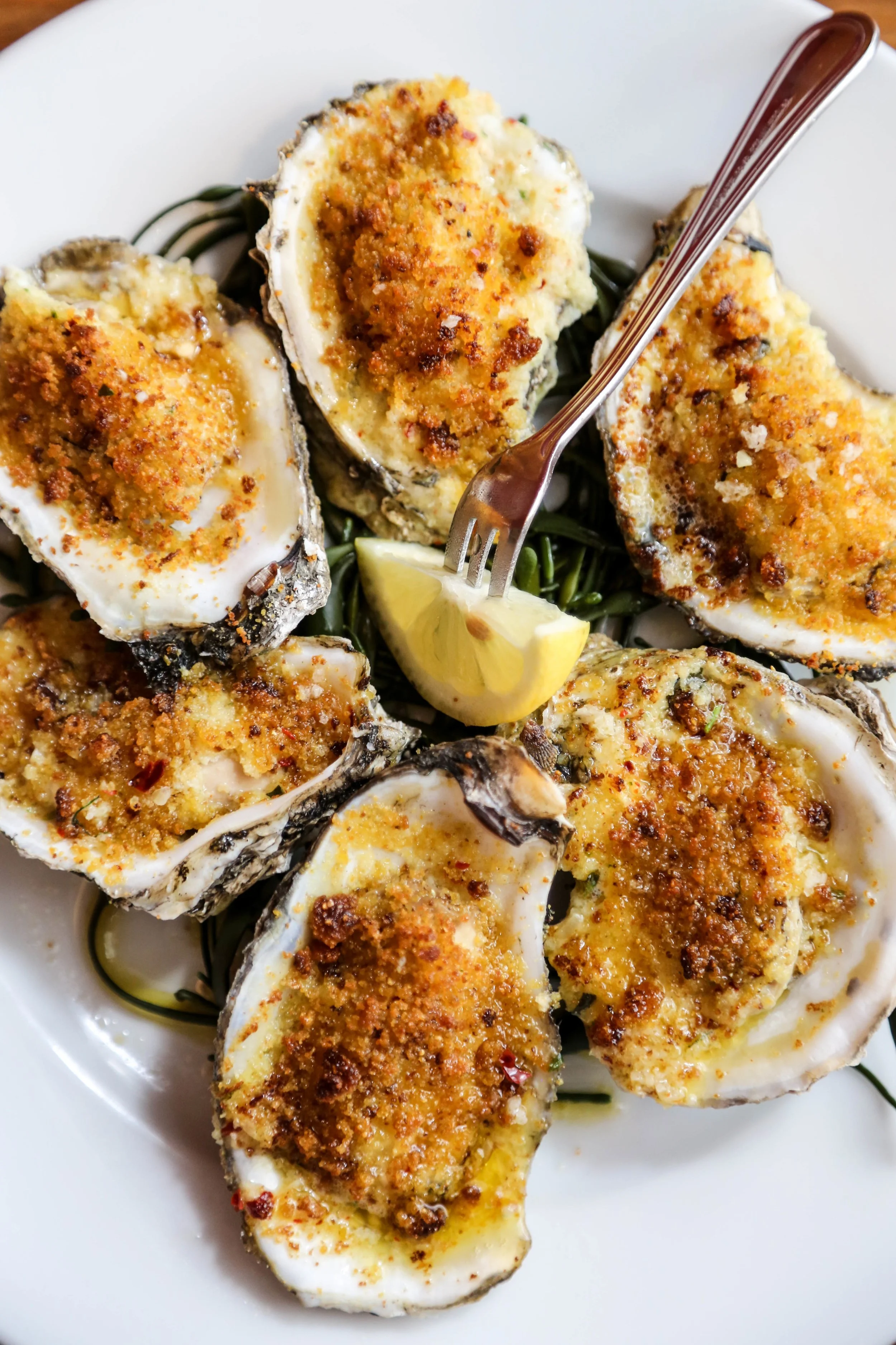 Overhead shot of baked oysters